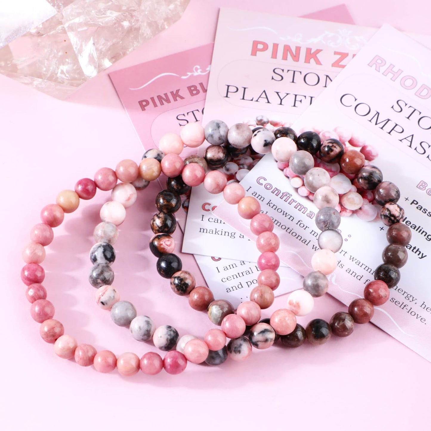 CMBYN 3-Pieces 6mm Natural Crystal Gemstone – ﻿Rhodochrosite, Pink Zebra, Pink Black Rhodonite Handmade Reiki Energy Healing Stretch Bracelets Jewelry for Yoga, Meditation, Unisex