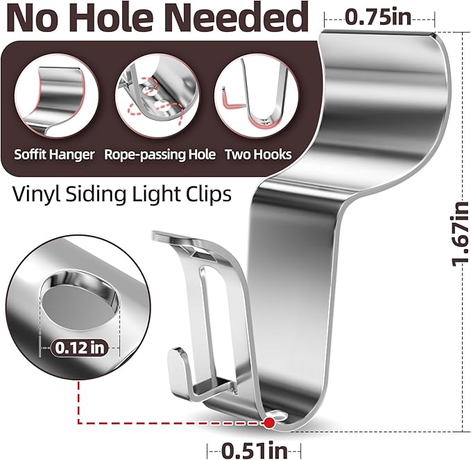 Amuille 12 Pack Vinyl Siding Hooks for Lights, No Hole Heavy Duty Siding Clips for Hanging Wreaths, String Lights, Porch Sign, Christmas Decor and Plant Hooks