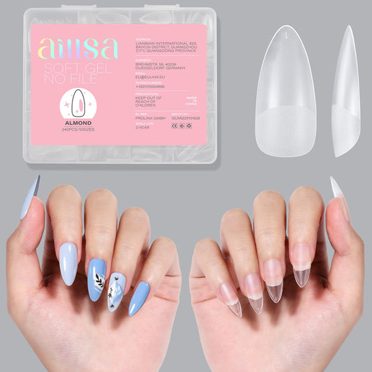 AILLSA Almond Full Cover Nail Tips Upgraded Matte Prefiled Gel Nails Tips False Gelly Press on Soft Nail Tip Medium Almond Shaped Nails for Nail Extensions DIY Holiday Gift (240Pcs 10 Sizes)