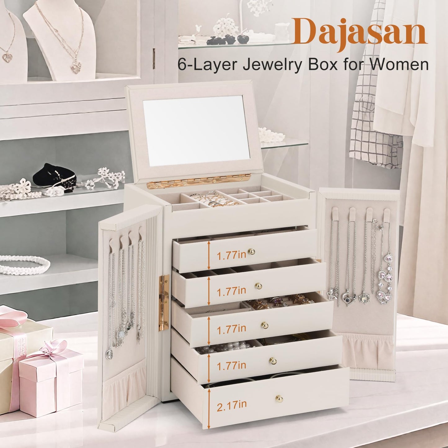 Dajasan Large Jewelry Organizer Box, Jewelry Boxes for Women Girls, 6-Tier Jewelry Storage Organizer with Mirror for Necklace Ring Bracelet Watch, Gift Idea (Beige)