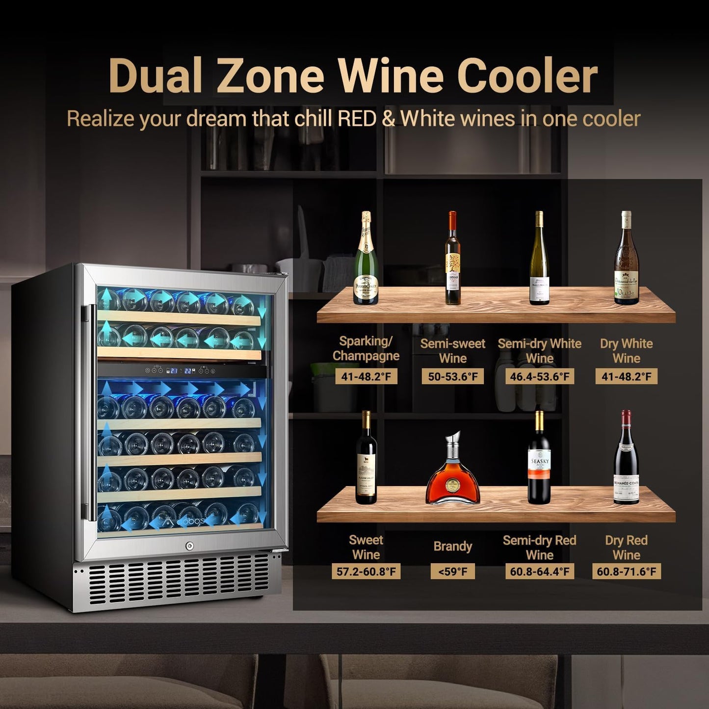 AAOBOSI 46 Bottles Wine Fridge, 24 Inch Wine Cooler with Dual Zone, Freestanding and Built-in Wine Refrigerator with Blue LED Light and Adjustable Shelves