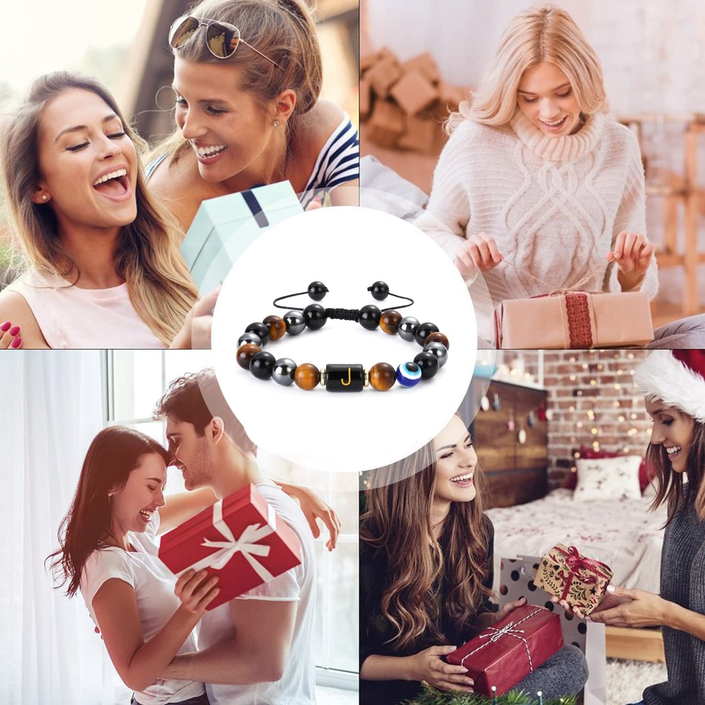Initial Triple Protection Bracelet for Men,Black Evil Eye Tiger Eye Hematite Obsidian Good Luck Healing Crystal Stones Mens Bead Bracelet Jewelry Gift (J initial bracelet, Triple Protection)