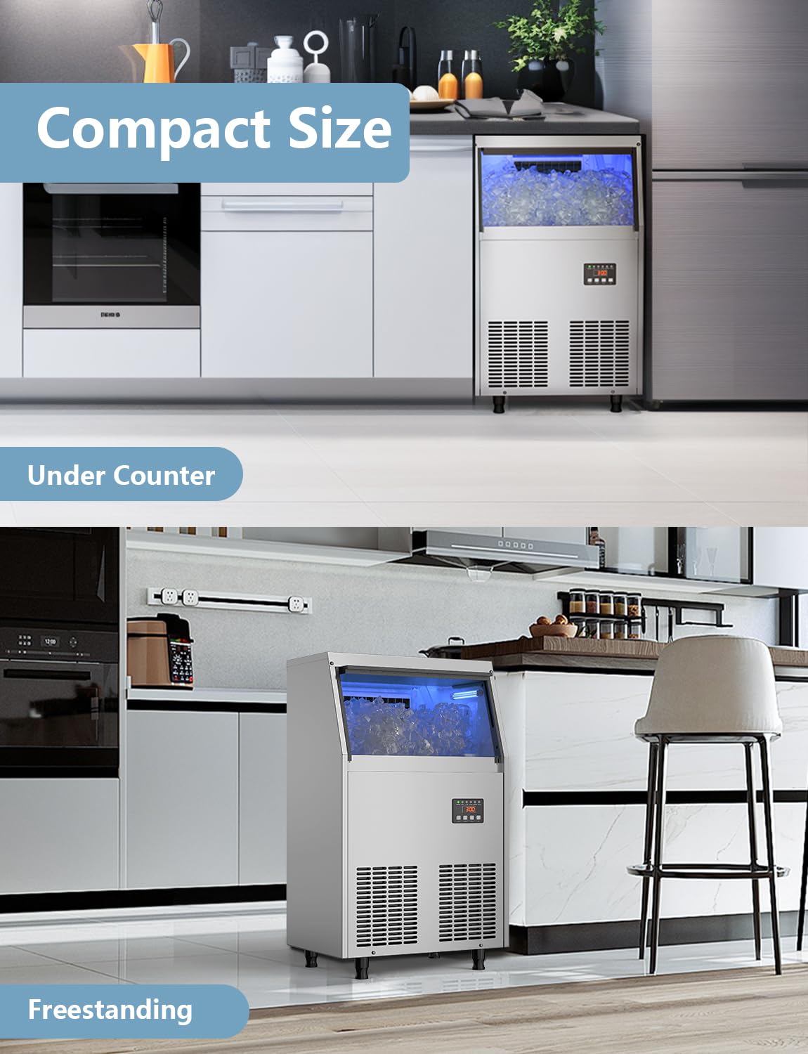 Coolski Commercial Ice Maker Machine 100Lbs/24H, Under Counter Ice Machine with 34lbs Ice Storage Bin, Stainless Steel Freestanding Ice Maker for Restaurant, Bars, Home and Offices