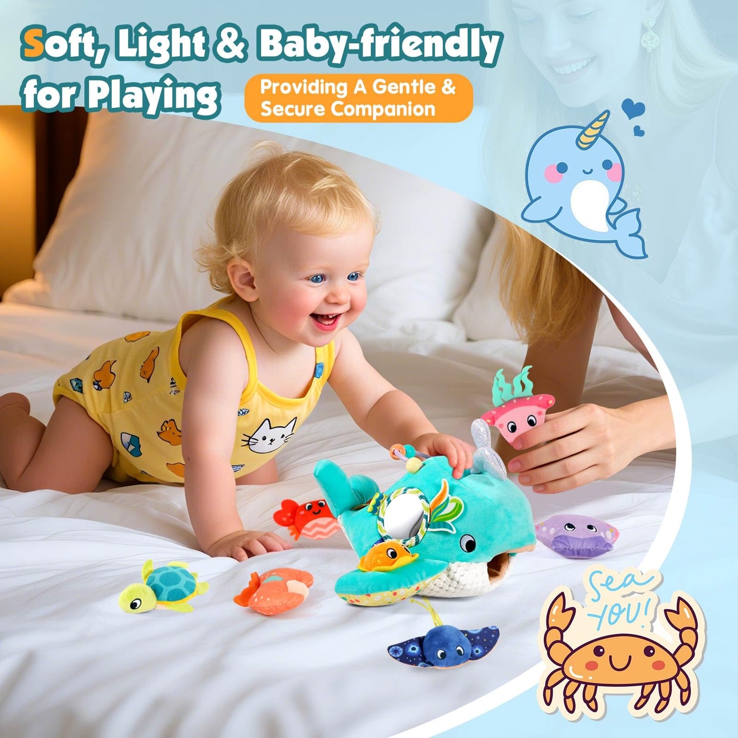 FREYBLI Baby Toys 6-12 Months - Soft Ocean Adventure Toy with Rattle, Crinkle Paper, Squeaker, Mirror - 6 Month Old Baby Toys Boy Girl Gifts, Baby Sensory Montessori Toys for 6 Month Old Infant Toys