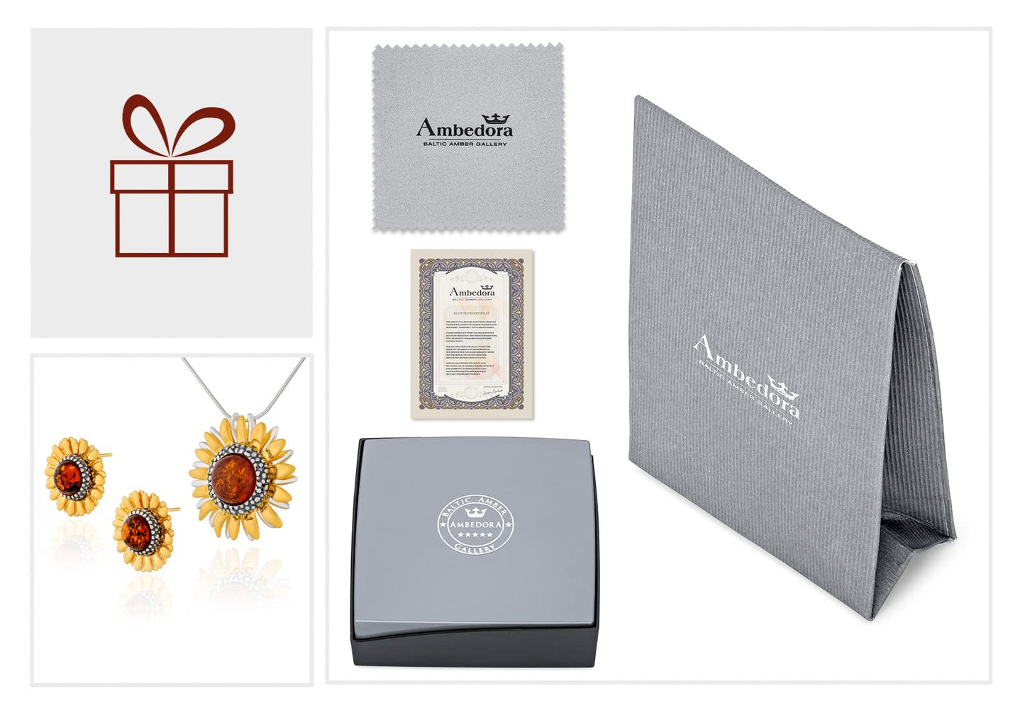 AMBEDORA Women's Jewellery Set Sunflowers, Gold Plated, Oxidised Sterling Silver, Baltic Amber in Cognac Colour, Gold Plated Pendant on Chain and Earrings