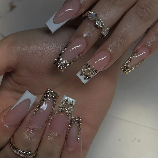 CTTHNBD Press on Nails Square - Medium Fake Nails with Bow Design - Rhinestone, French Tip False Nails Press ons - for Women 24 Pcs