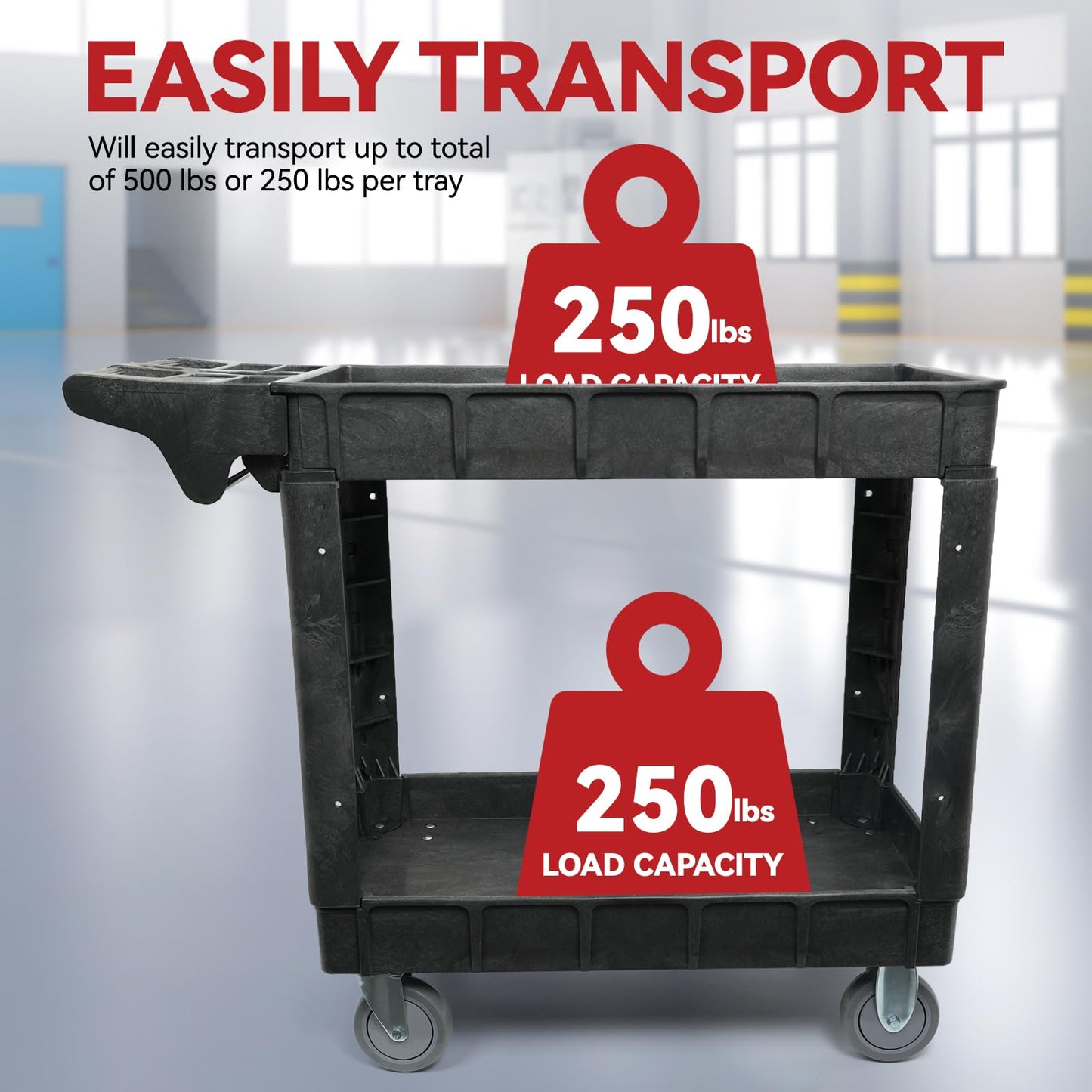 2-Shelf Rolling Utility Cart, Heavy-Duty Service and Tool Cart on Wheels, 40 x 17 Inch, 500 lb Load Capacity, Ideal for Garages, Warehouses, Church and Commercial Use