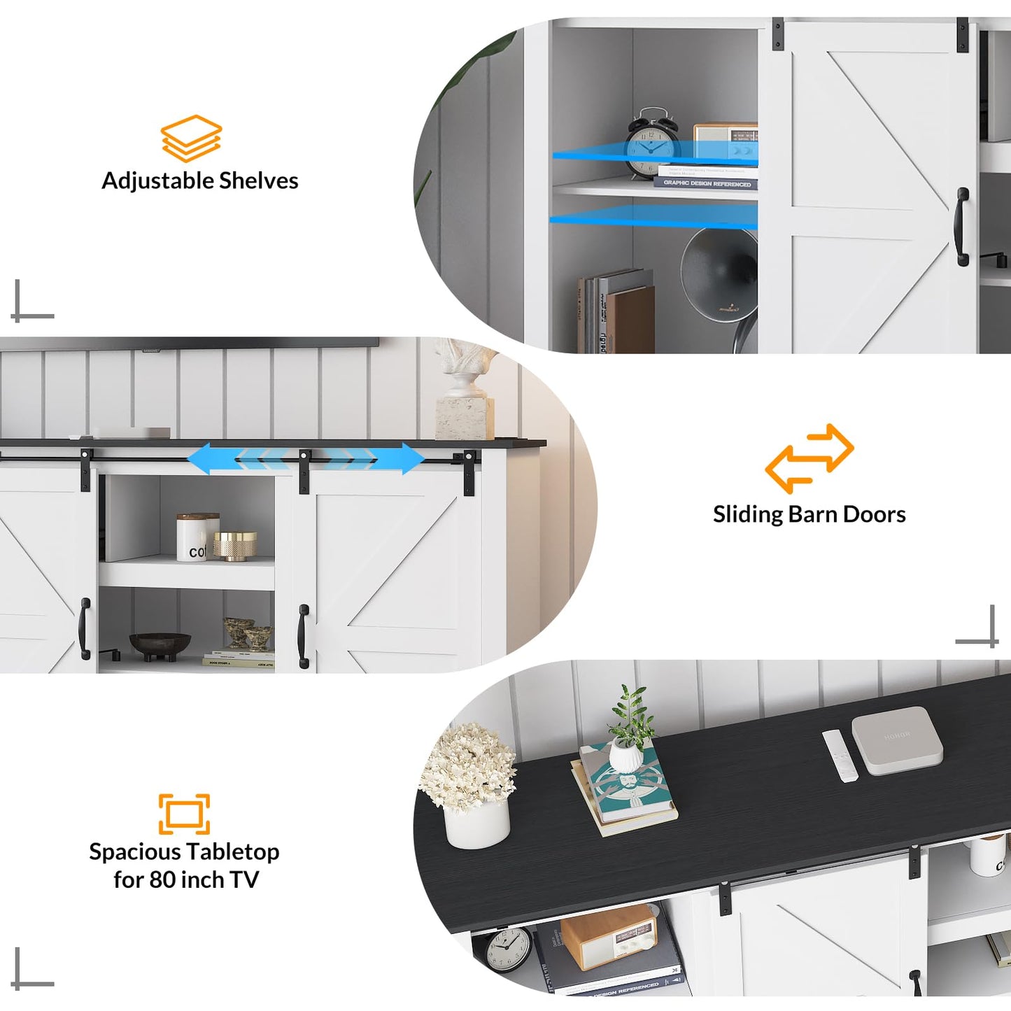 GarveeLife 70 in Farmhouse TV Stand with Power Outlets for Televisions Up to 80 in TVs, Sliding Barn Door & Large Storage Cabinets with Adjustable Shelf, 32 in Tall TV Media Console, White