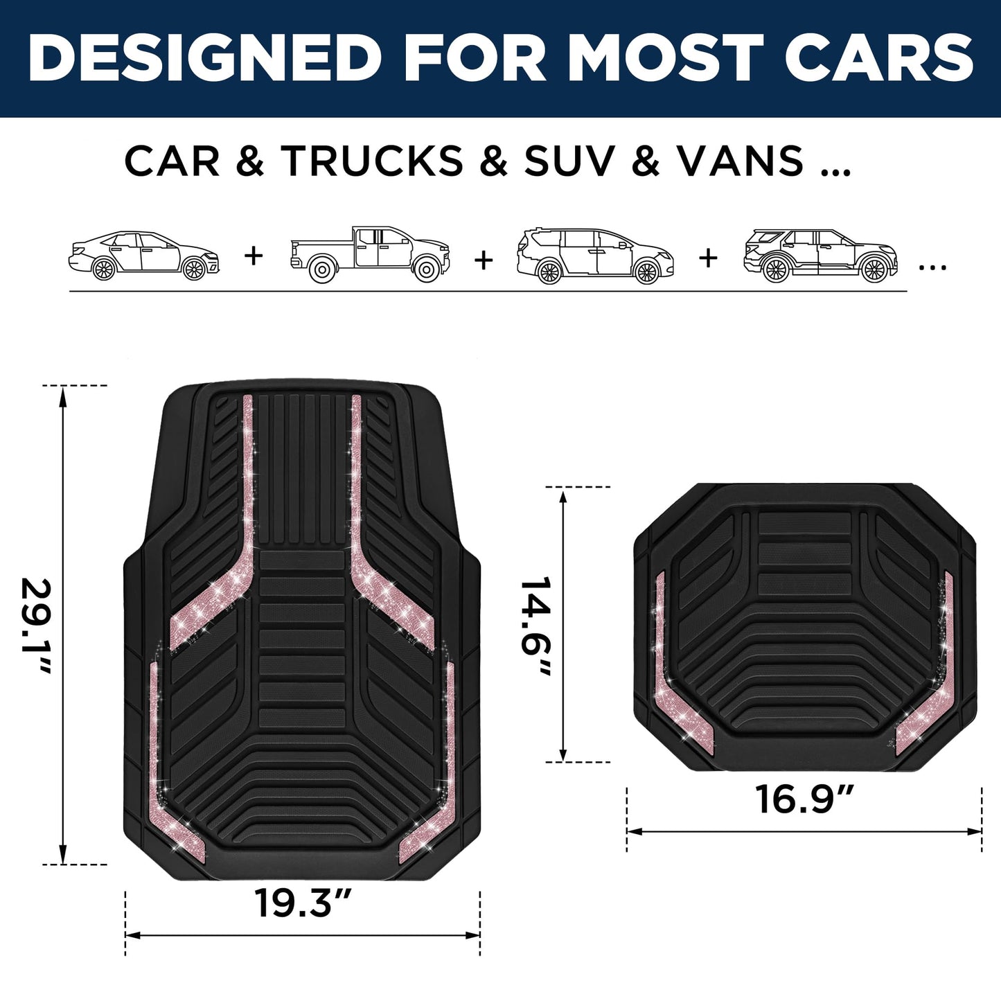 PIC AUTO Car Floor Mats, Pink Sparkly Crystal Bling Glitter Car Mats Set, Front and Rear Heavy Duty Rubber Car Mats with Anti-Slip Backing, All Weather, Trim-to-Fit for SUVs, Trucks, Sedan, Vans