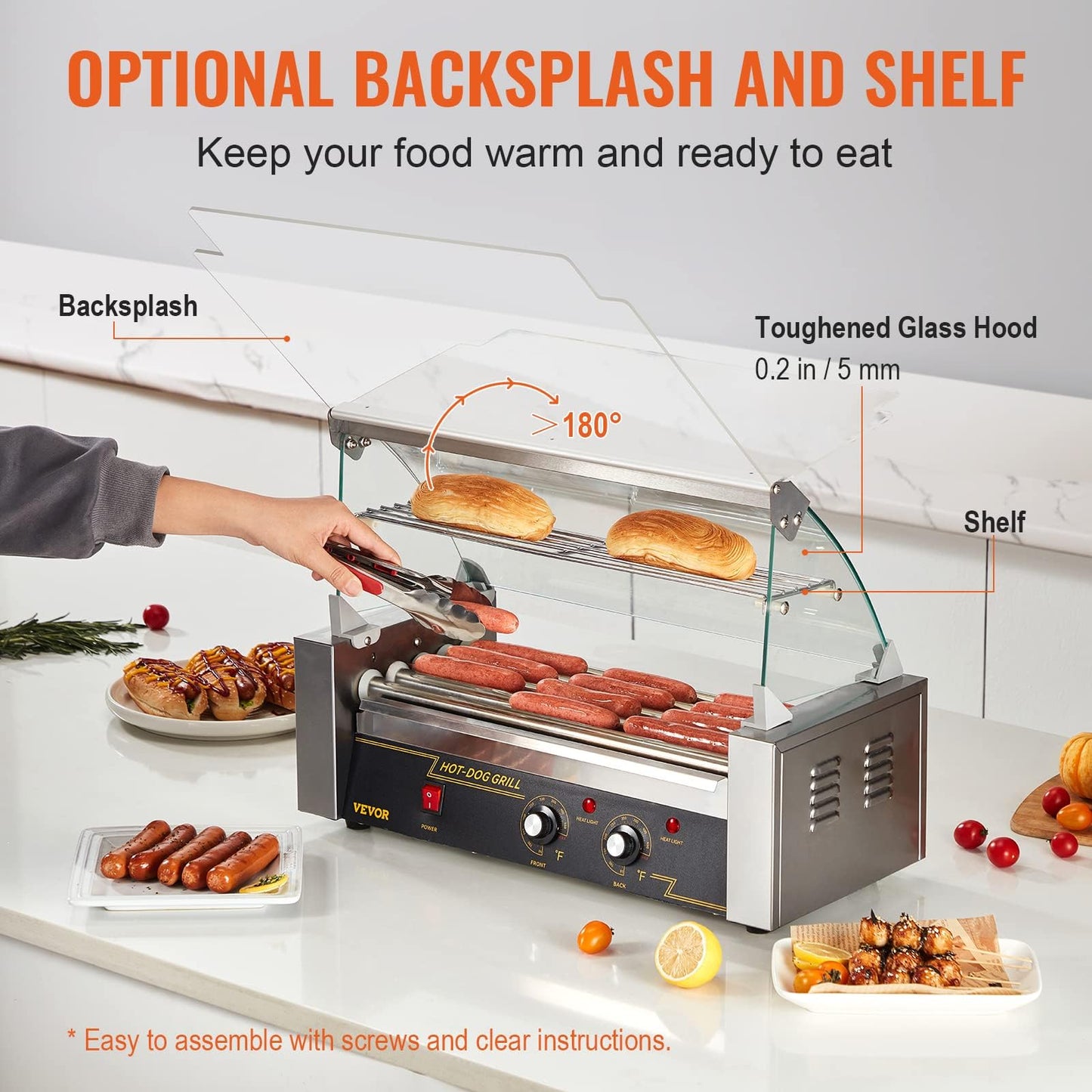 VEVOR Hot Dog Roller, 12 Hot Dog Capacity 5 Rollers, 750W Stainless Steel Cook Warmer Machine with Cover & Dual Temp Control, LED Light & Detachable Drip Tray, Sausage Grill Cooker