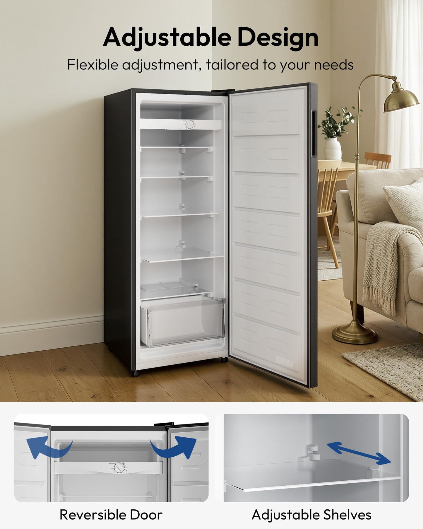 Upright Freezer 7 Cu Ft, Stand Up Freezer, Convertible Upright Freezer/Refrigerator, 5 Adjustable Shelves, Reversible Door, Large Capacity Upright Fridge for Garage, Apartment, Kitchen