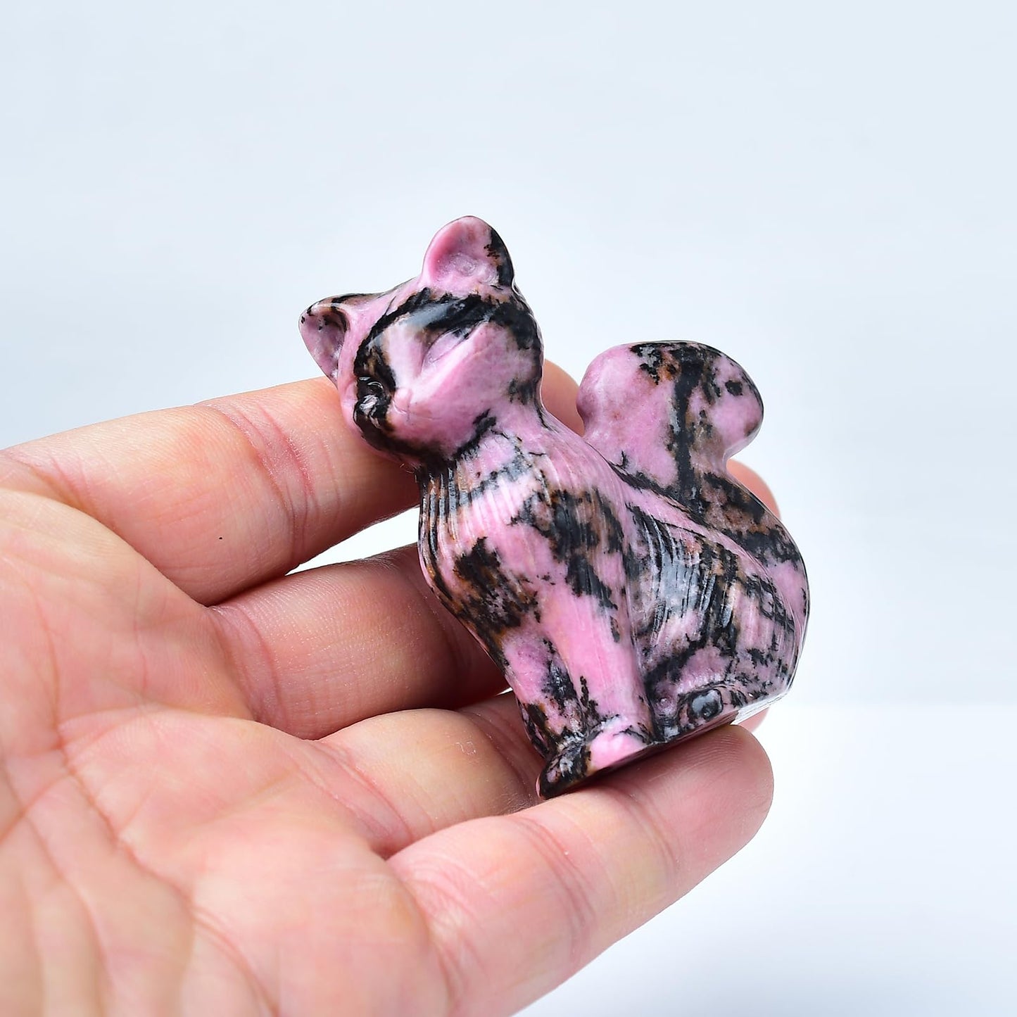 WUYOUSHI Natural Rhodonite Crystal Cat Statue 2.4 Inch - Handmade Healing Sculpture, Lucky Guardian Pocket Statue for Reiki Meditation, Office & Home Decoration Gift