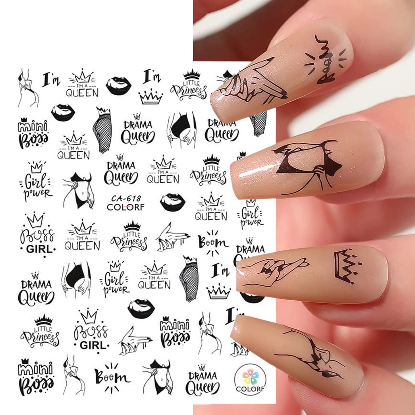 Sexy Girls Nail Art Stickers 3D Nail Self-Adhesive Sticker Design Holographic Glamour Girl Flowers Letters Nail Art Decals Supplies for Women Manicure Nails Charm Decoration DIY Nail Decal(6 Sheets)