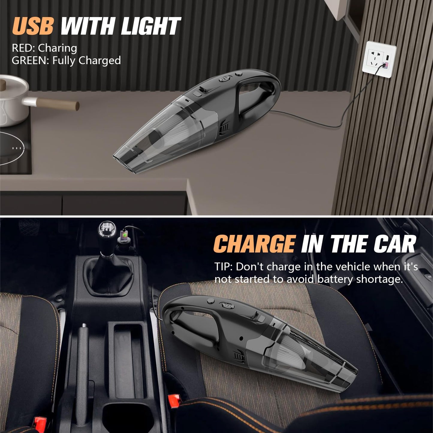 BSRCO Handheld Vacuum Cordless Rechargeable, Mini Car Vacuum Cleaner with LED, USB Charge, 1.65LBs Hand Vacuum Cordless, 25 Minutes Run Time for Car/Home/Pet Hair
