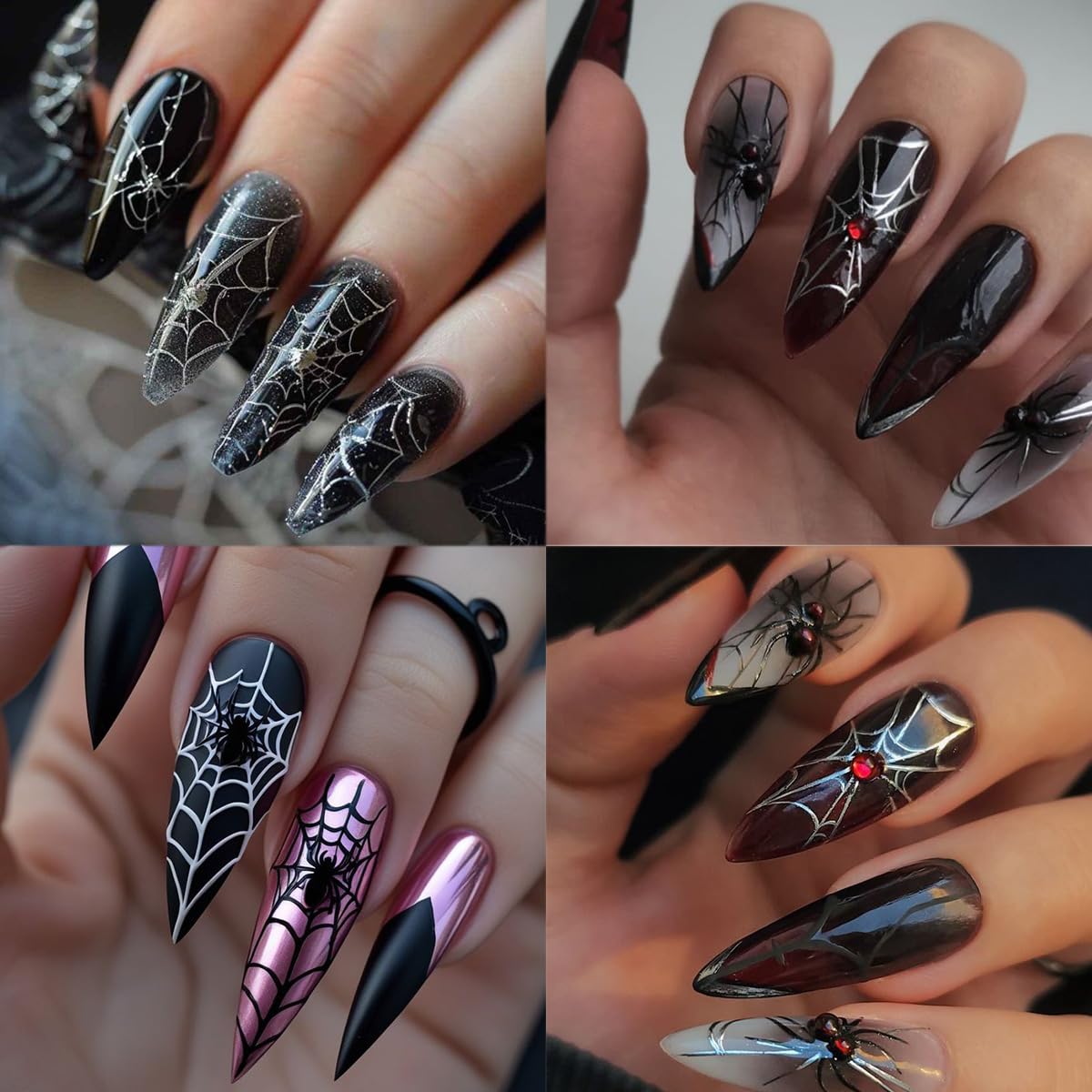 1 Sheets Halloween Nail Stickers for Nail Art Metal Spider Nail Art Stickers Silver Spiders Web with Rhinestones Design Horror Gothic Nail Decals Manicure Decoration for Women Acrylic Nail Supplies