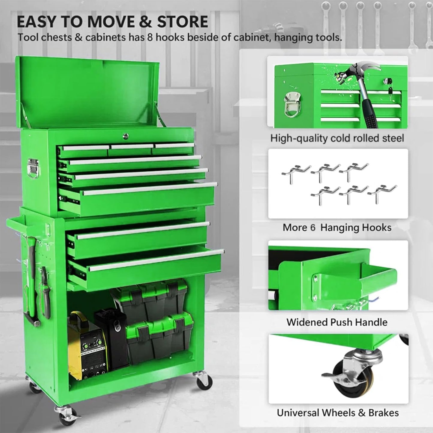 PLENTORA 8 Drawers Rolling Tool Chest - Tool Box Organizer with Wheels and Drawers, Detachable Storage Cabinet with Lock for Garage Workshop, Green