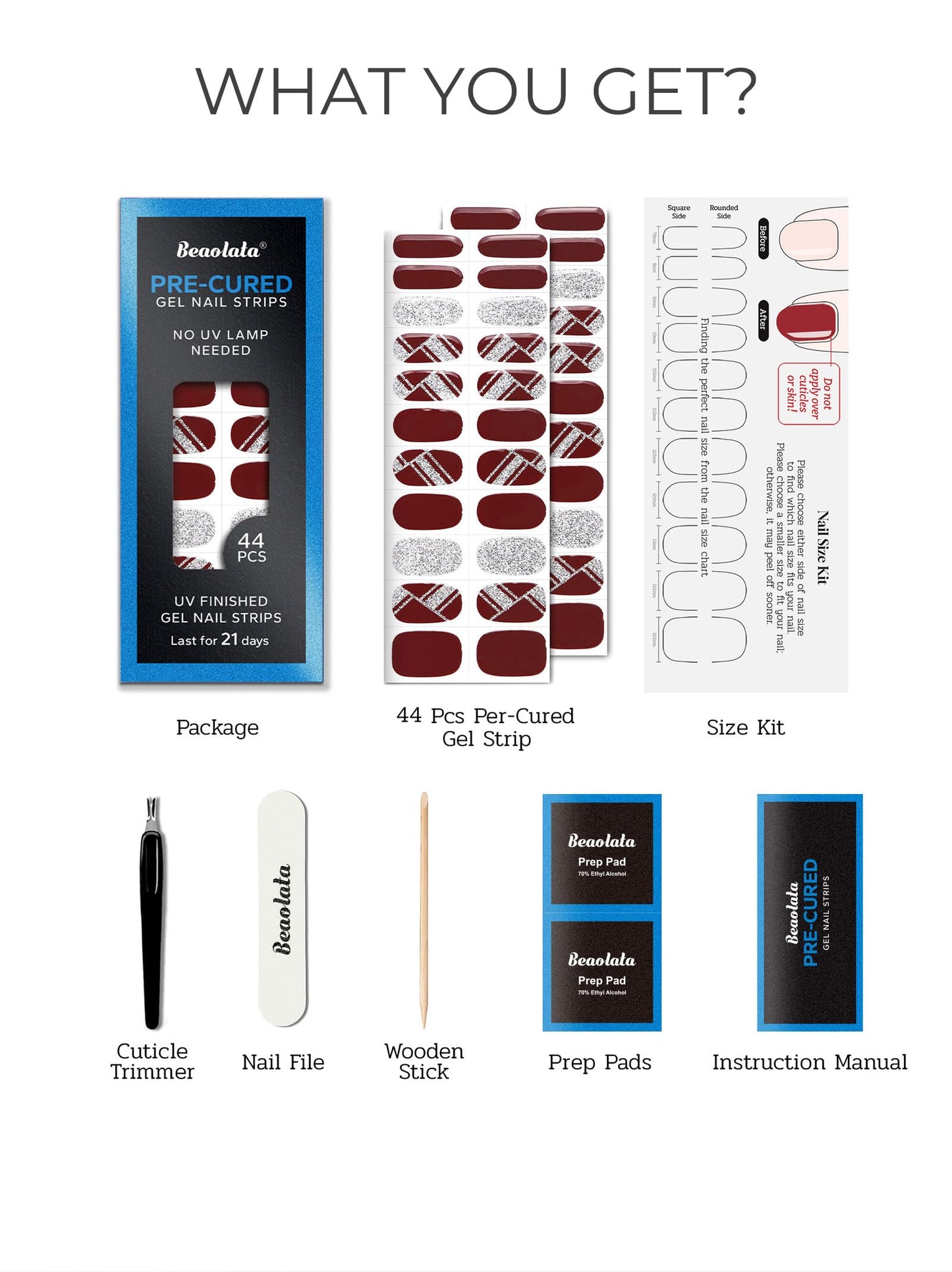 Beaolata Real Gel Nail Strips (No UV Light Needed) - 44Pcs Salon Quality Nail Stickers - Long Lasting Polish Wraps for Women, Easy Apply & Remove (Cocoa Brown）