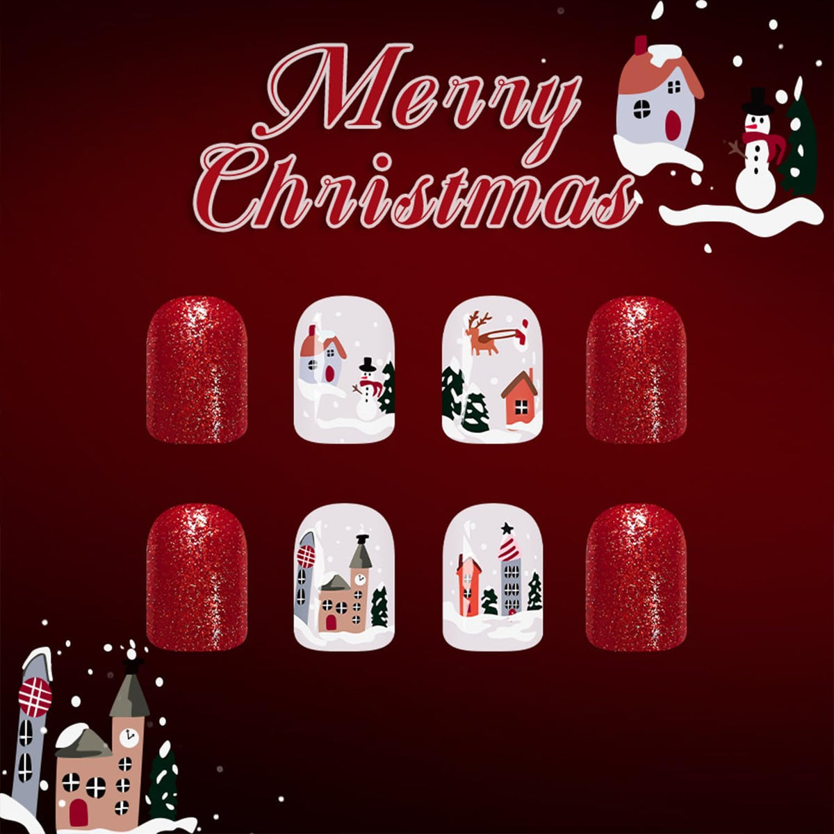 Christmas Press on Nails Short Square Fake Nails with Snow Snowman Designs Red Glue on Nails Glossy Acrylic Nail Cute WInter Stick on Nail for Women 24Pcs