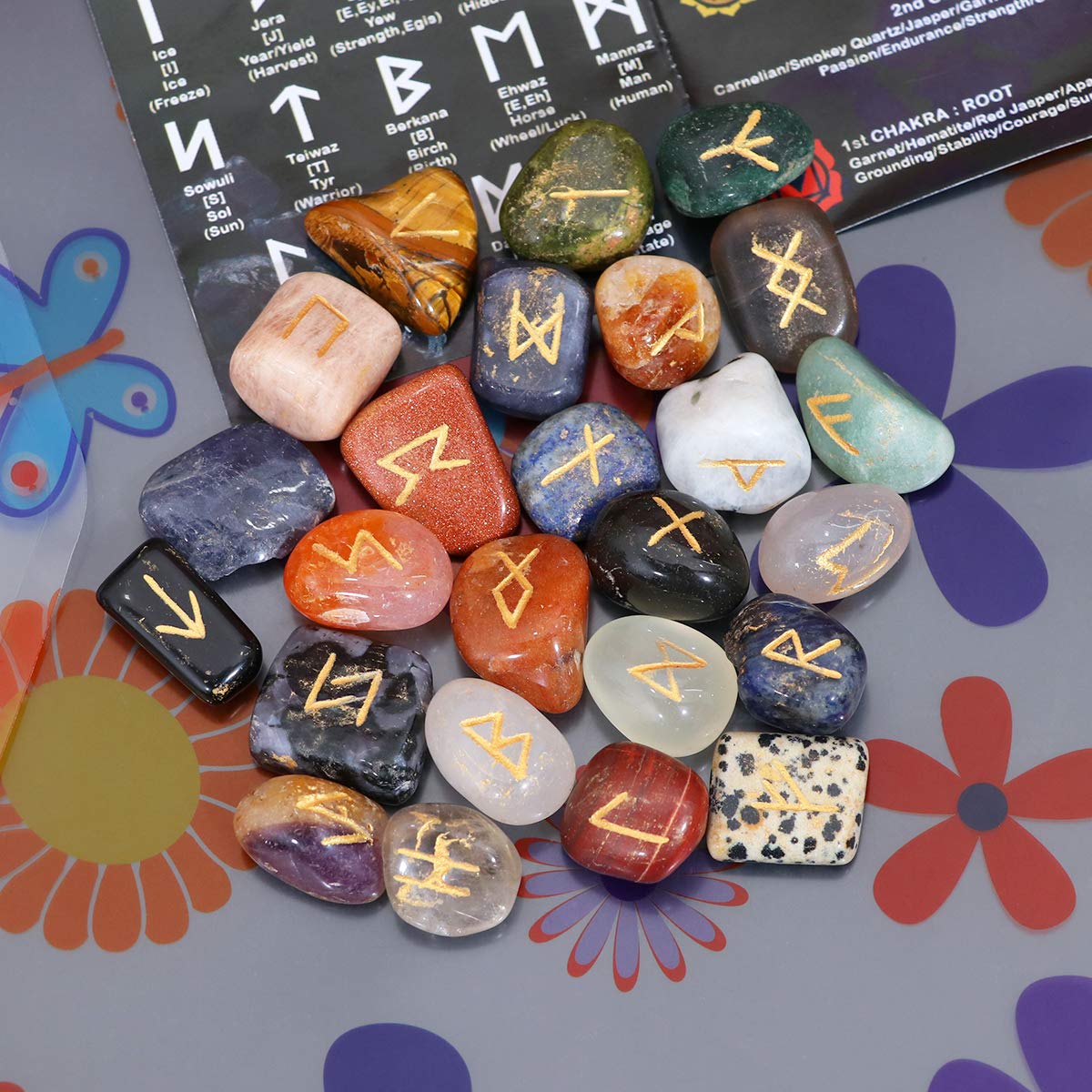 Crocon Mix Chakra Rune Tumble Shape Gemstone Rune with Elder Futhark Alphabet Engraved | 25 pcs Runes Set | Crystal Divination Healing Chakra Reiki | with a Pouch| Size : 25-30 mm