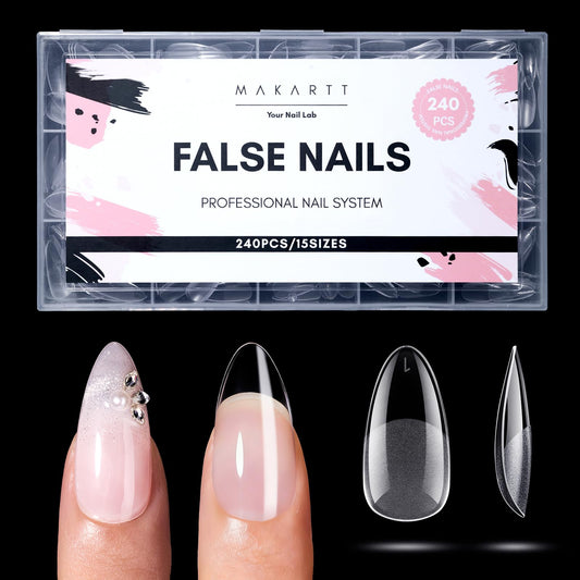 Makartt Medium Almond Nail Tips: 240PCS, 15 Sizes, Half Matte, Clear Fake Nails Stiletto Shapes - Full Cover Soft Acrylic Press On Nail Extensions for Flat Natural Nail Beds Salon and Home DIY