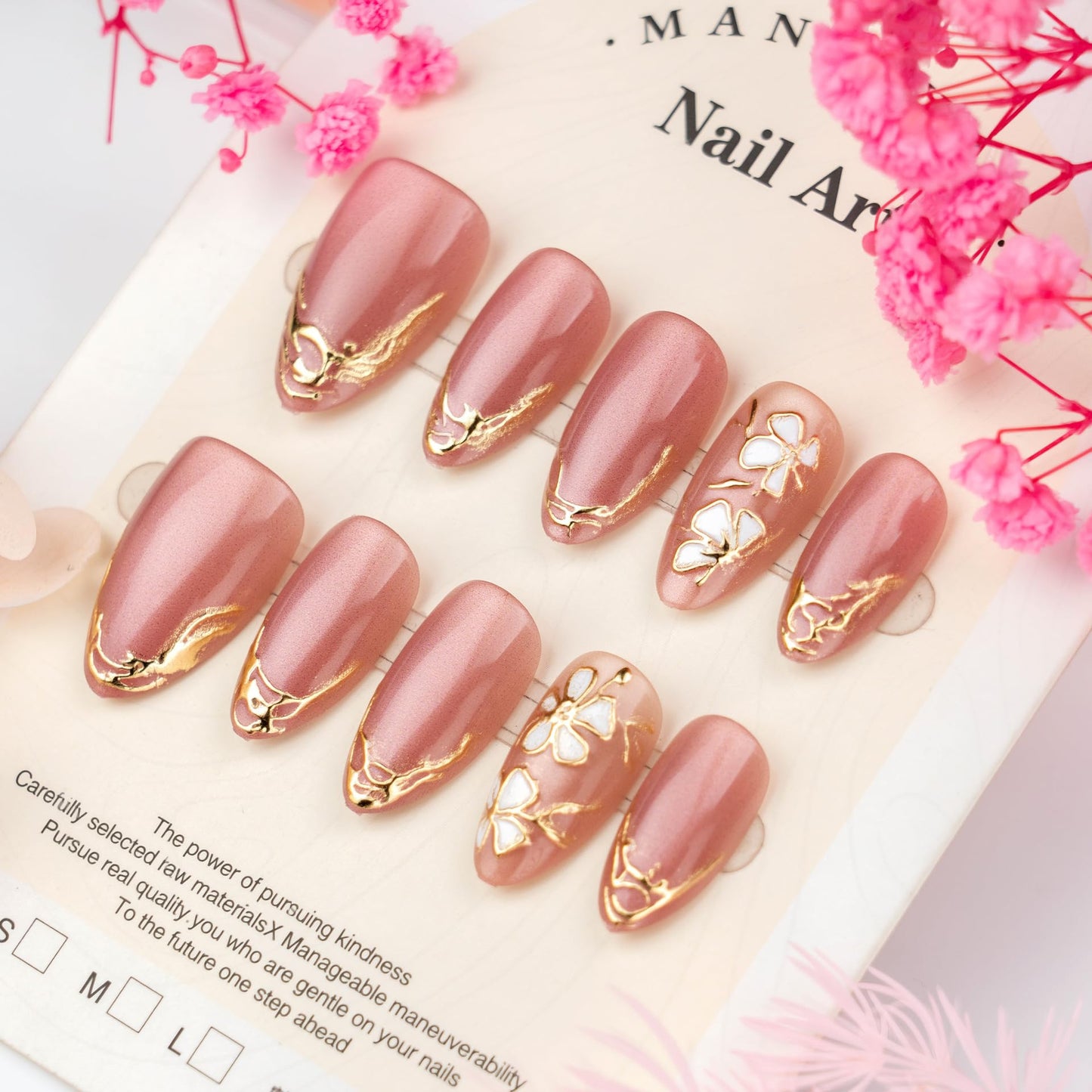30Pcs Almond Press on Nails Pink Bling Fake Nails Gold French Tip Nails Press ons Spring Cherry Blossom 3D Flower False Nails Glossy Full Cover Stick on Nails Medium Acrylic Nails for Women