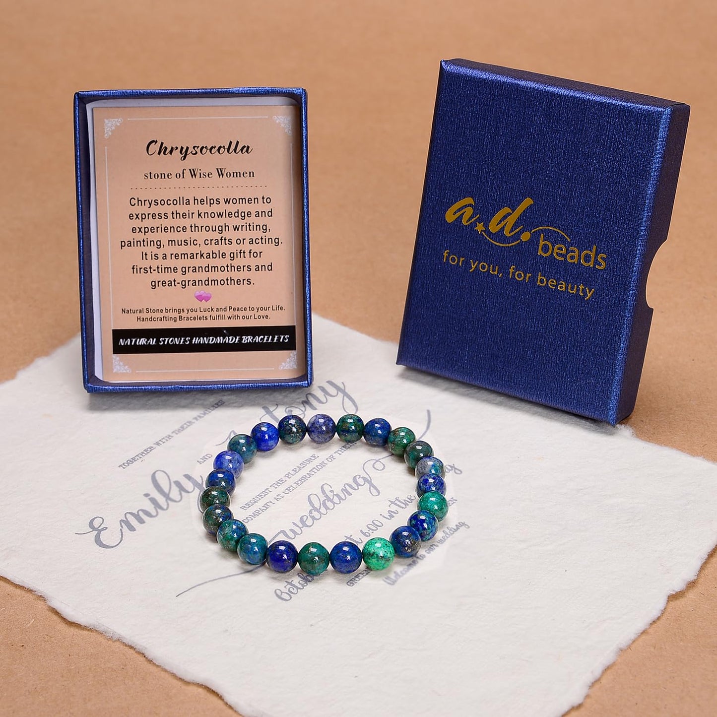 AD Beads Handmade Gemstone Stretch Elastic Bracelet Crystal Healing Reiki Nature's Beauty and Spiritual Essence Unisex (8mm, Chrysocolla (Wise Women))