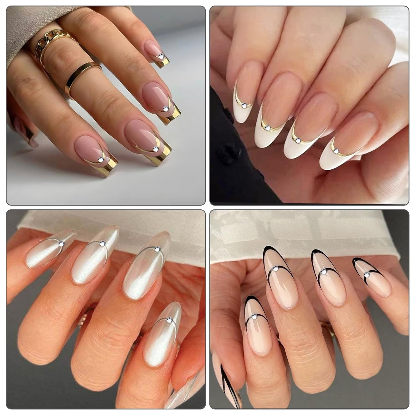 IDDFEVE Rhinestone Studded French Line Nail Art Stickers - 3 Colors Gold Sliver Black Crystal Diamond Self-Adhesive Curved Stripes Nail Decals, French Tips Guides for DIY Manicure (3 Sheets)