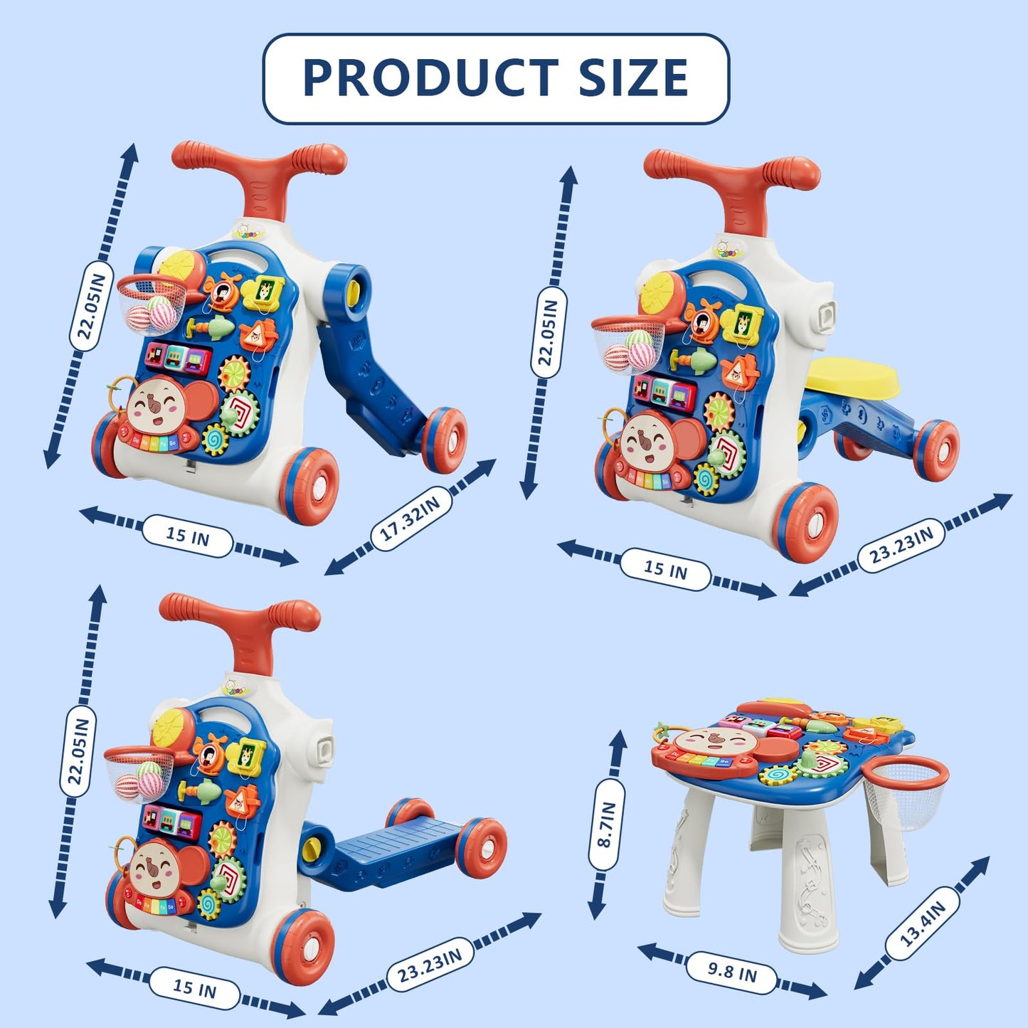 HYES 5 in 1 Baby Push Walker for Baby Boy, Activity Center Learning to Walk, Sit to Stand, Early Learning Push Toys for Infant 12 Months, Walking Toys Gift for Toddler Boys, Blue