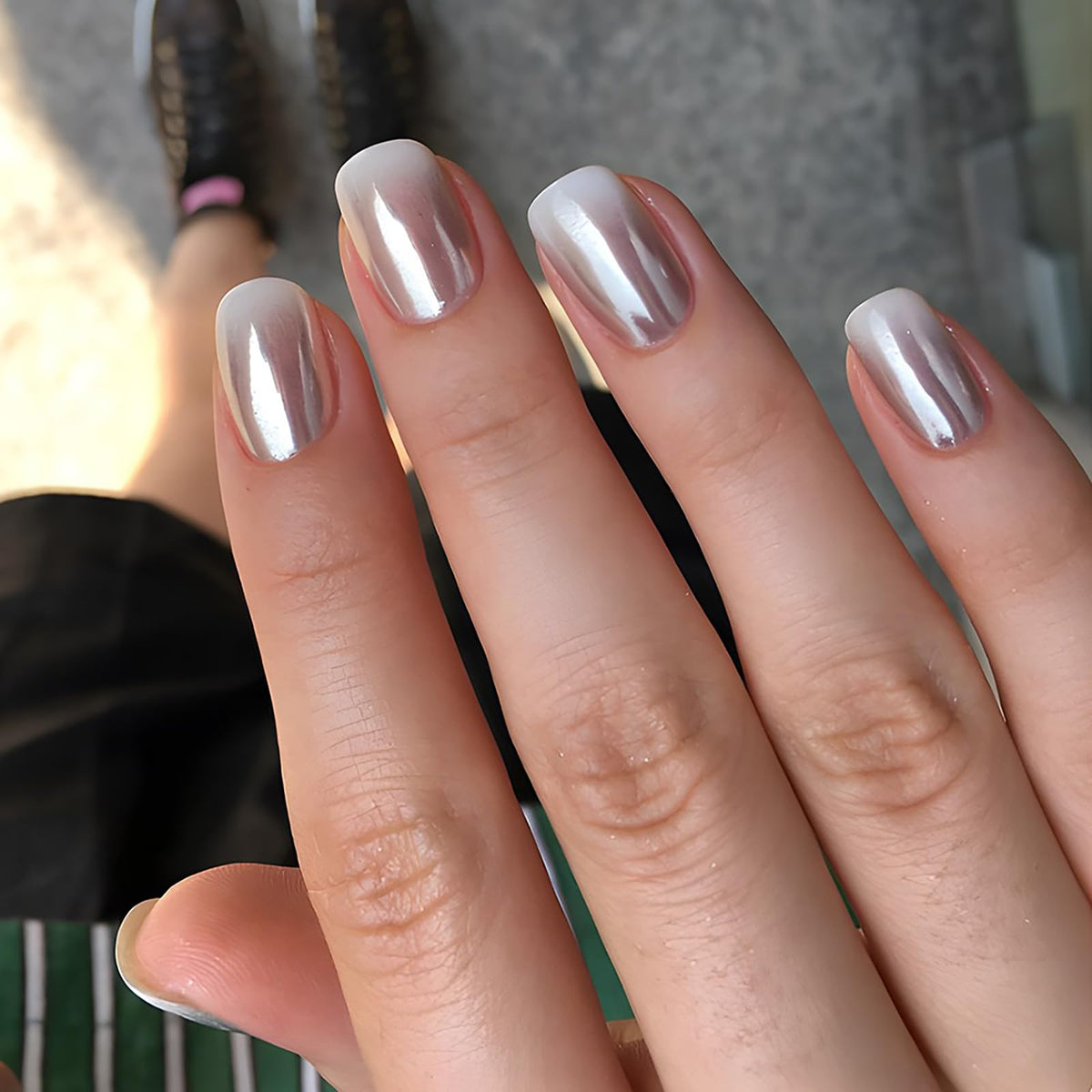 Chrome Press on Nails Short Square MABKJLF Fake Nails White Gradient False Nails with Designs Silver Mirror Full Cover Glossy Glue on Nails Acrylic Nails for Women Girls 24 Pcs