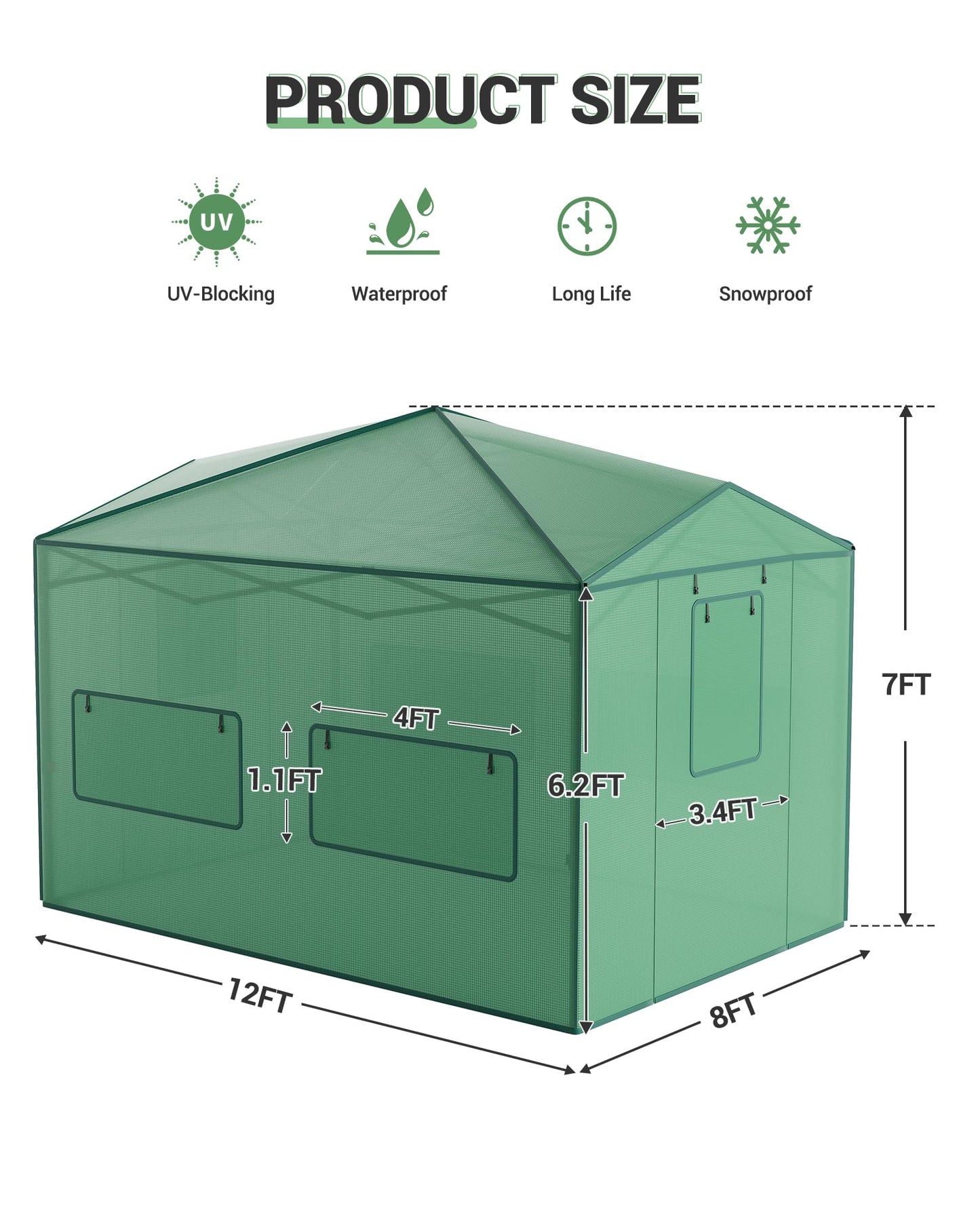 12x8 FT Pops Up Greenhouse, Portable Walk-in Green Houses Kit with Durable PE Cover & Roll-Up Zipper Door - Outdoor Garden Greenhouse for Plants Cold & Frost Protection, Easy Assembly