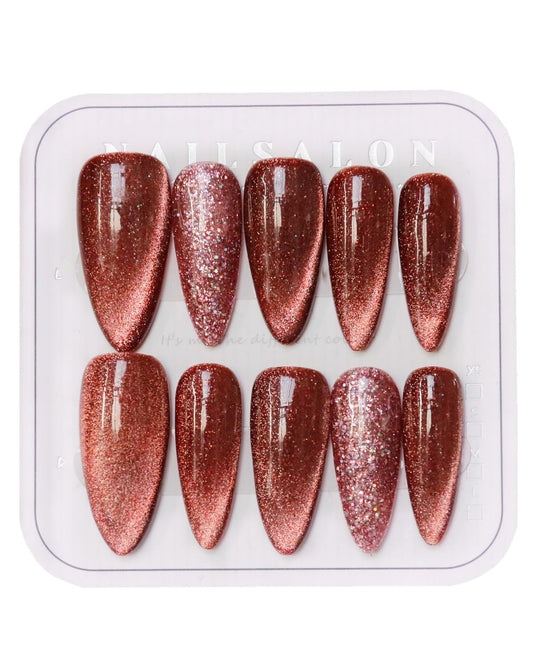 CAMILCY Press on Nails Handmade Nails Luxury Reusable Fake Nails For Girls long Almond Armor Cat's Eye Brown Diamonds HandPainted Salon Loveful Design Acrylic GelUV Finished 3D Nails 10PCS (A031, M)