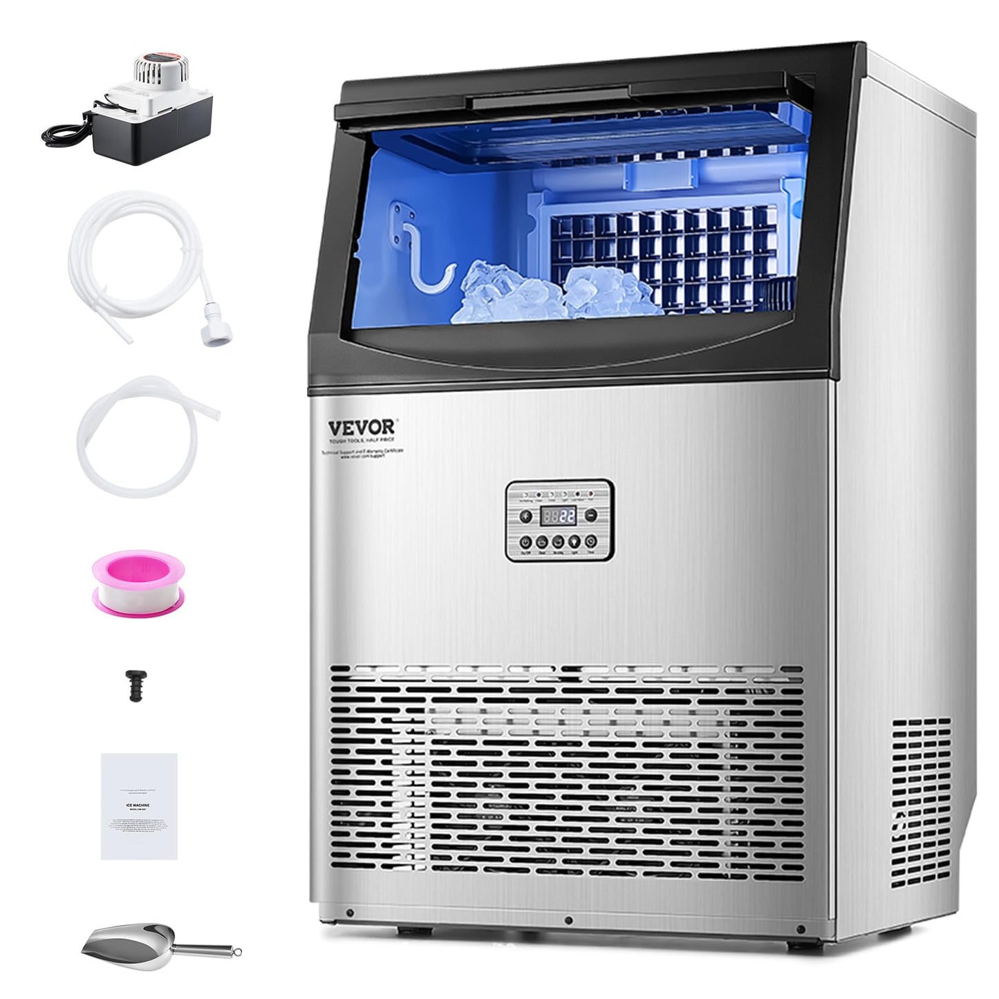 VEVOR 90lbs/24H Commercial Ice Maker Machine with Drain Pump, 33lbs Storage Capacity Ice Maker, 50 Ice Cubes in 15 Minutes, LED Digital Display Freestanding Self-Cleaning for Bar Office Restaurant