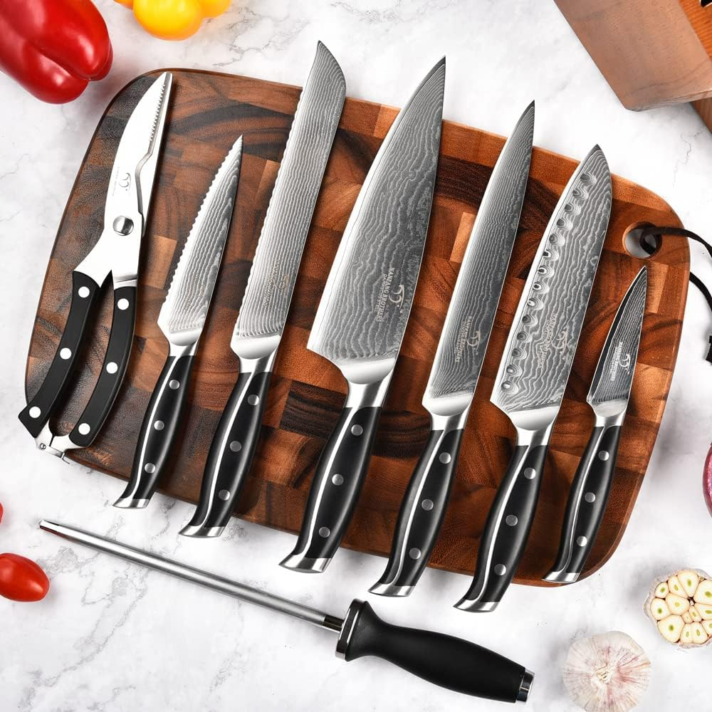 Damascus Kitchen Knife Set with Block, 9-Piece 67-Layer VG10 Damascus Steel Knife Set with Triple-Rivet Handles, Chef, Santoku, Utility, Bread & Paring Knives, Sharpener, Shears, Grey