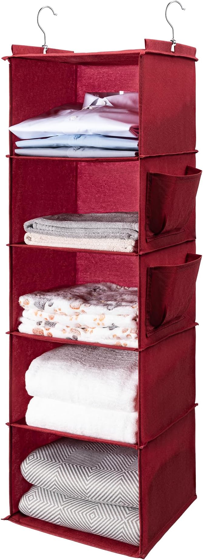 BOOMIBOO Hanging Closet Organize and Shelvesï¼5-Hanging Shelf with 2 Side Pocketsï¼Storage Foldable ï¼Redï¼