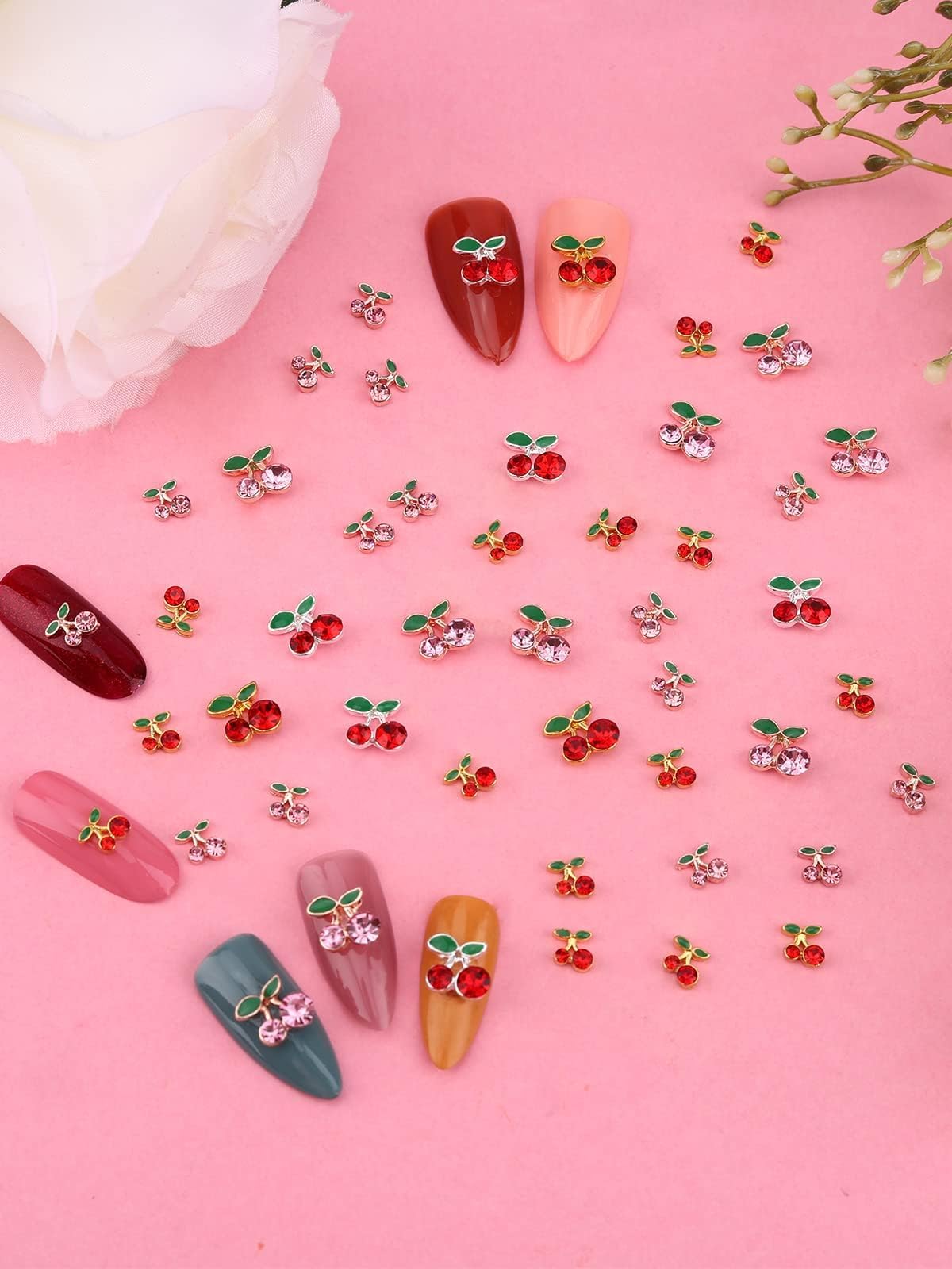 48Pcs Cherry Nail Rhinestones, Kalolary 3D Valentine's Day Charm Red Pink Fruit Diamond Crystal Nail Studs Alloy Nail Gems for Women Nail Art Decoration