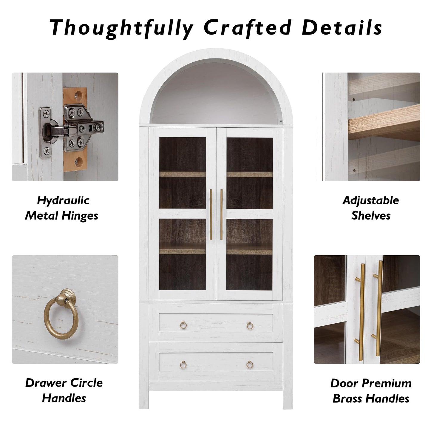 Erteliza 71" Farmhouse Arched Storage Cabinet with Glass Doors, Tall Arched Cabinet with Drawer, Adjustable Shelves & Door Racks, Modern Kitchen Pantry Cupboard, White