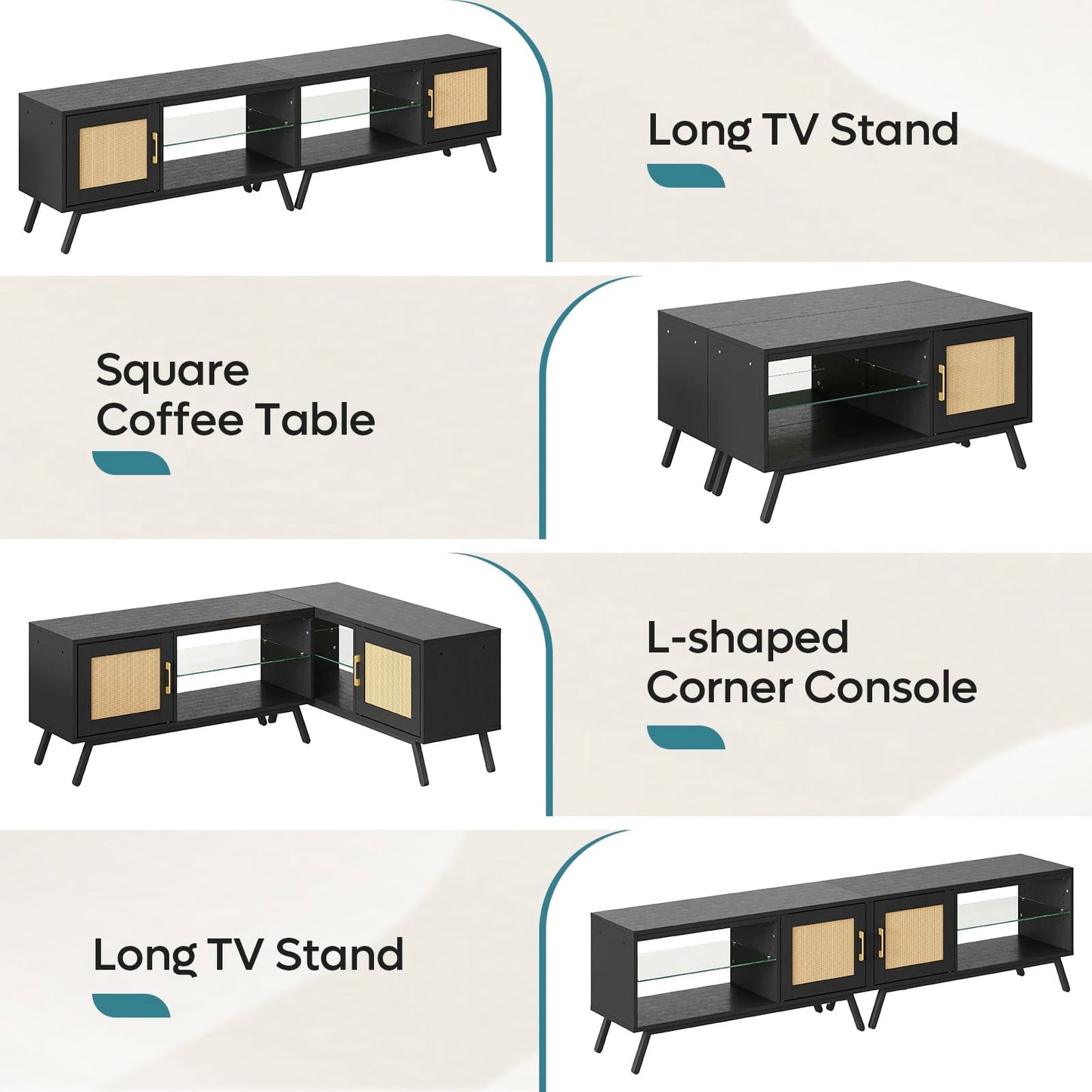 Bestier 80 Inch Black Rattan TV Stand with Storage for 85 Inch TV, 4-in-1 Mid Century Modern Entertainment Center with LED Lights, Doors and Adjustable Glass Shelves for Living Room