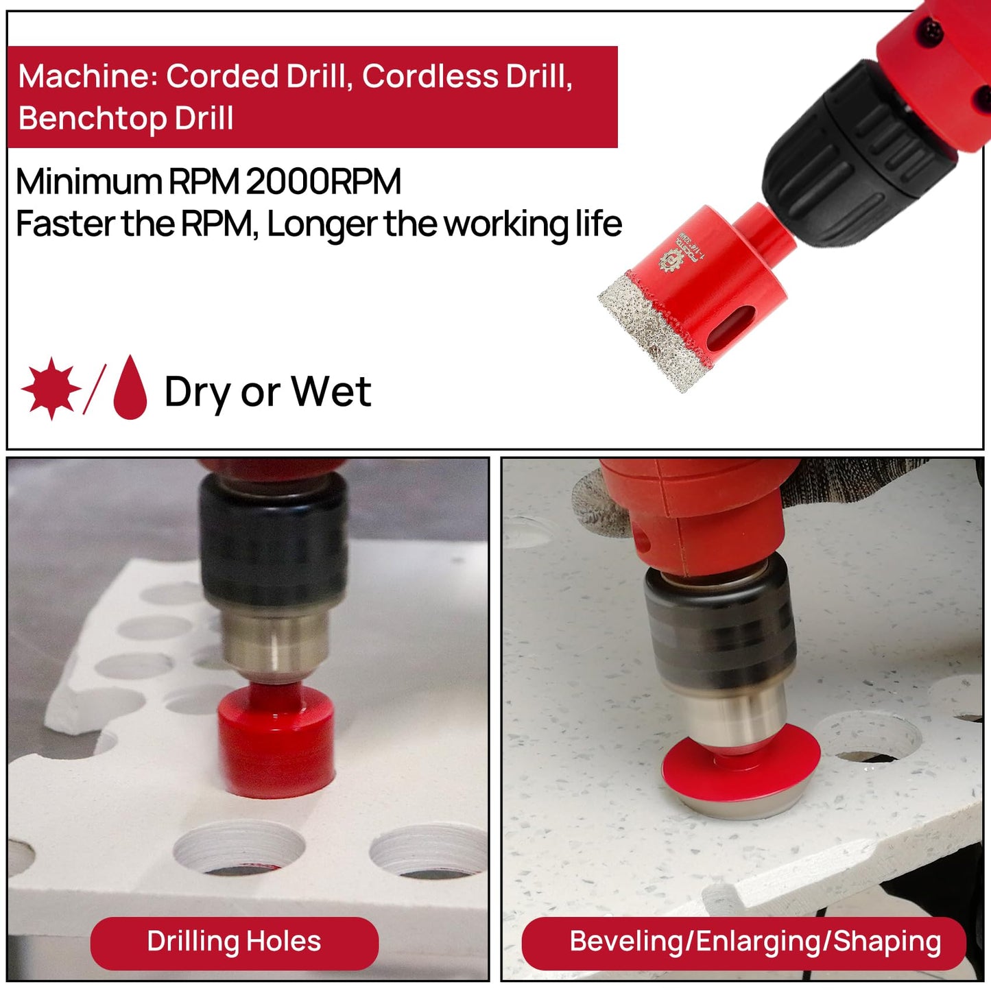 Diamond Core Drill Bits Set - FOCSTOL 10pcs (6/8/10/20/25/28/32/35/50mm+35mm Beveling Chamfer Bit) Hole Saw Kit with Triangle Shank for Porcelain Tile Ceramic Granite Marble