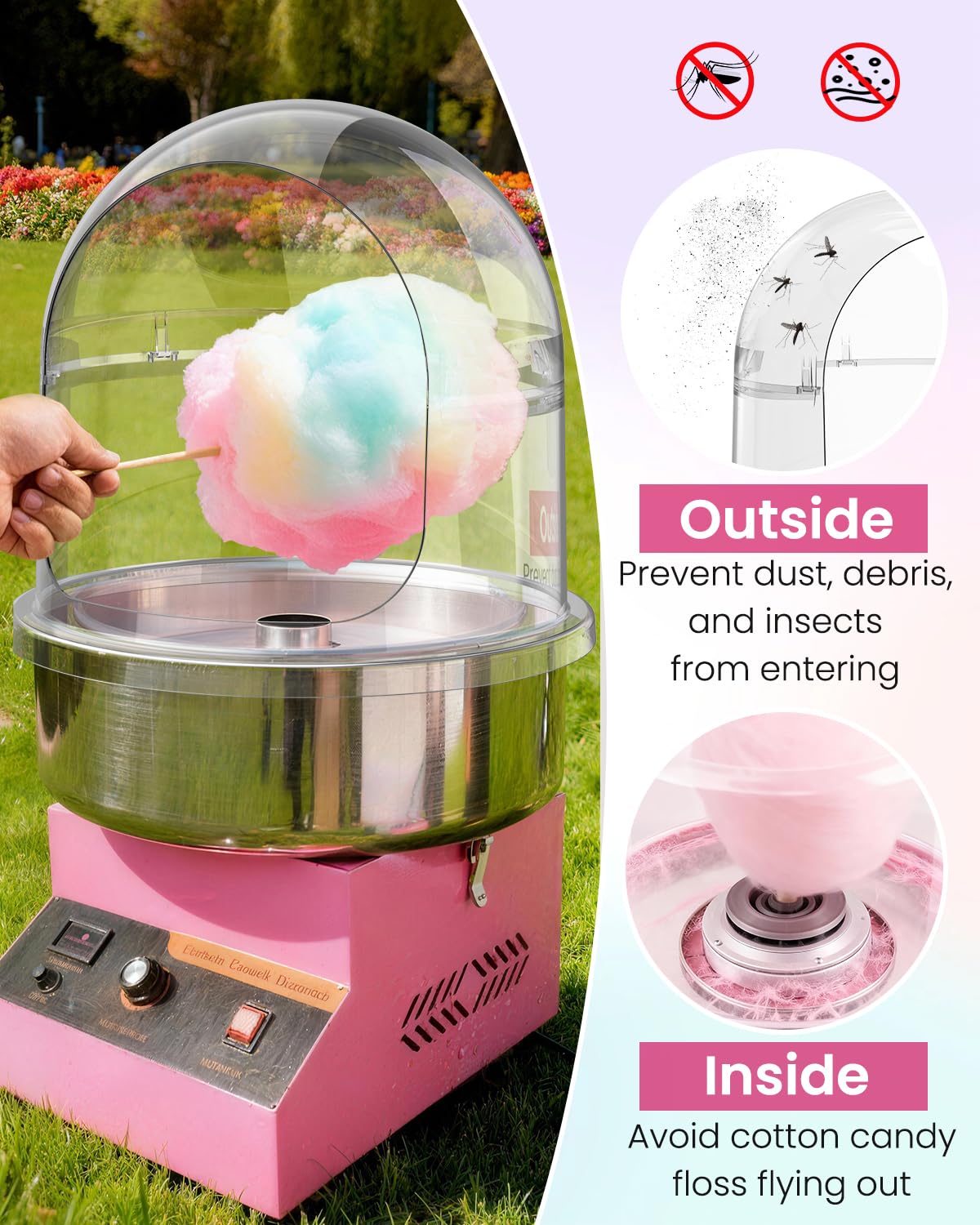 1000W Professional Cotton Candy Machine Kit with Stainless Steel Bowl, Cover, Sugar Scoop & 15" Transparent Acrylic Dome - for Kids Birthday, Family Party, Festival