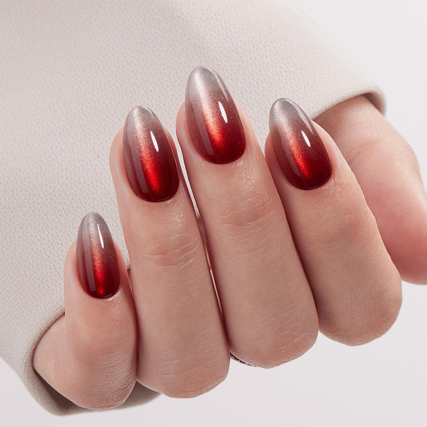 VSALON Press On Nails Short Almond, Red Cat Eye Press On & Purple Blue Ribbon Cat Eye Fake Nails Reuasble Glue on Nails For Women