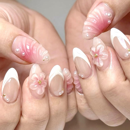 3D Pink French Press on Nails with Charms Medium Fake Nails Cute French Nails Press ons Gold Steel Balls Carved Ripple Flower Stick on Nails Almond Shape Acrylic Nails Pearl Nails for Women Daily Wear