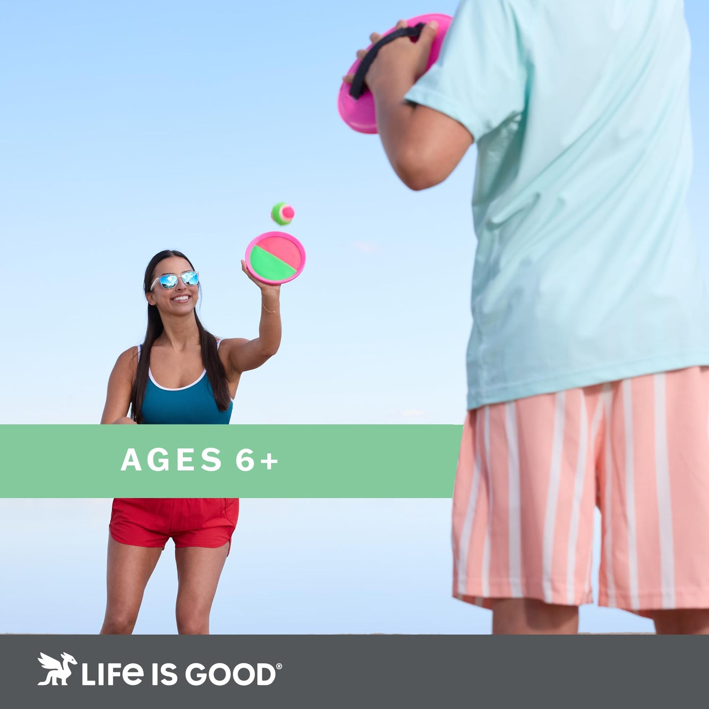 Life is Good Toss and Catch Ball Set (Green/Blue), Family Outdoor Games with 2 Paddles, 2 Balls & 1 Carry Bag, No-Setup 2-Player Paddle Game for Beach, Backyard, Park & Travel Fun