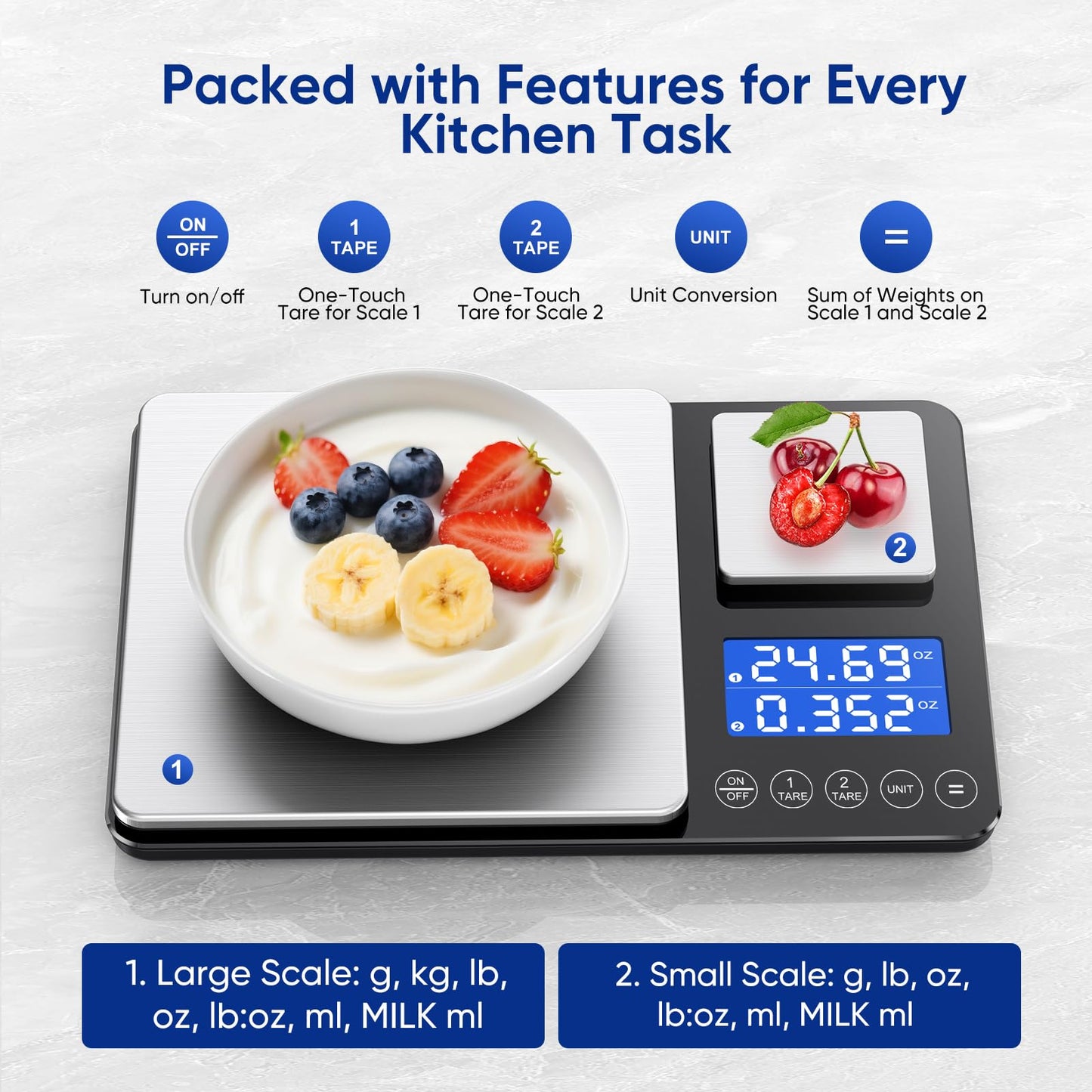 Dual Platform Food Kitchen Scale with 0.1g/0.001oz High Precision, 15kg/33lb Bakery Scale, Dual Accuracy Kitchen Scale for Sourdough Bread, Baking and Cooking with 7 Unit Tare and Totalizer