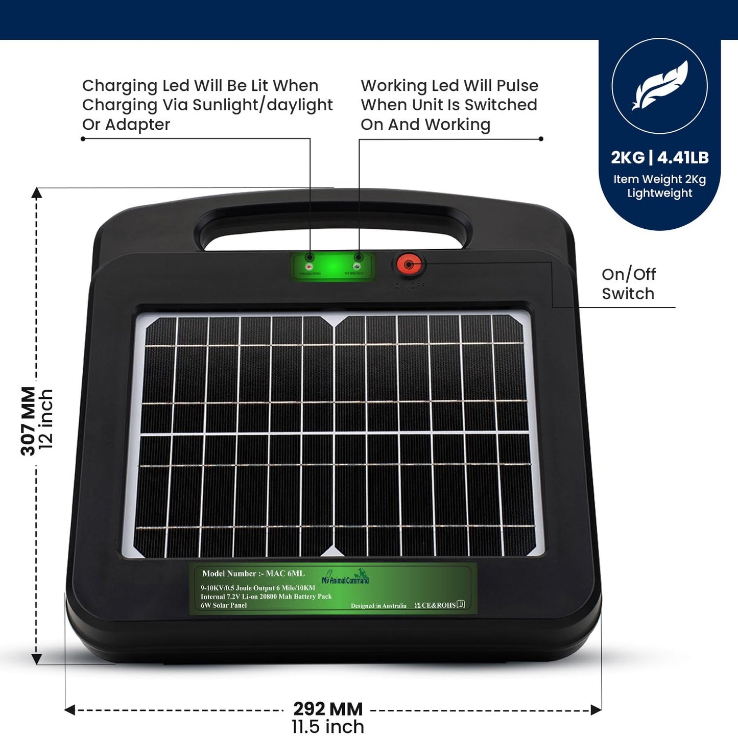 My Animal Command Solar Powered Electric Fence Charger 0.5 Joules Output (9-10KV) with Lithium Battery Energizer Containment & Protection of Livestock Horses Cattle Sheep Pets Easy Install