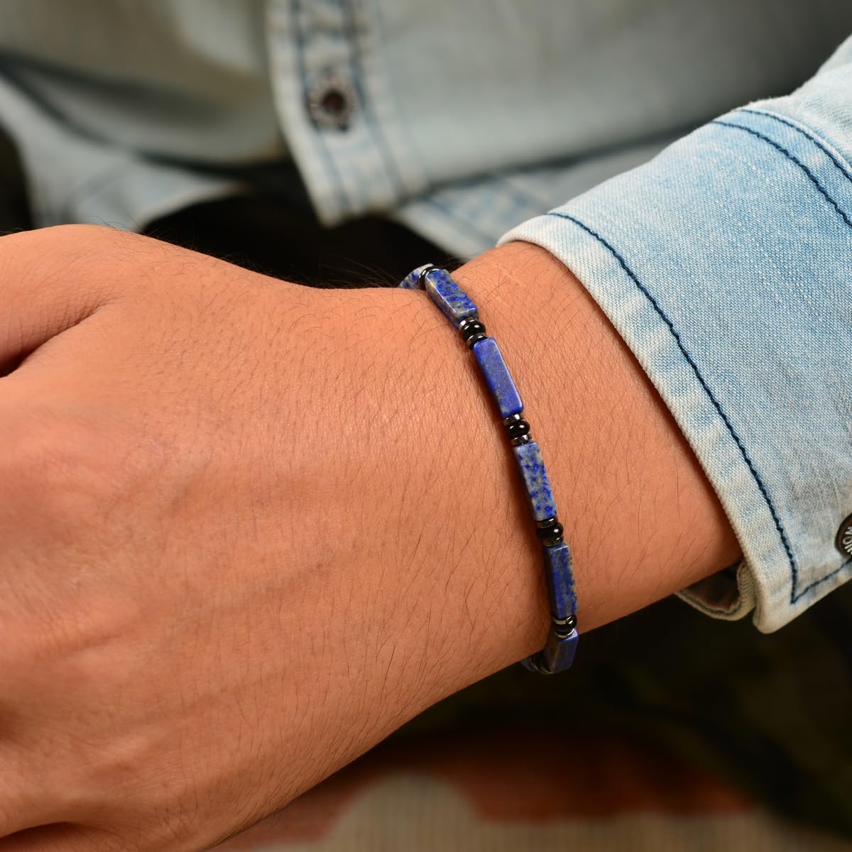 Casvia Men's Lapis Lazuli Chakra Protection Bracelet, Hematite Black Agate Beaded Bracelet, Stainless Steel Adjustable Mens Jewelry | Gift for Father Boyfriend Husband