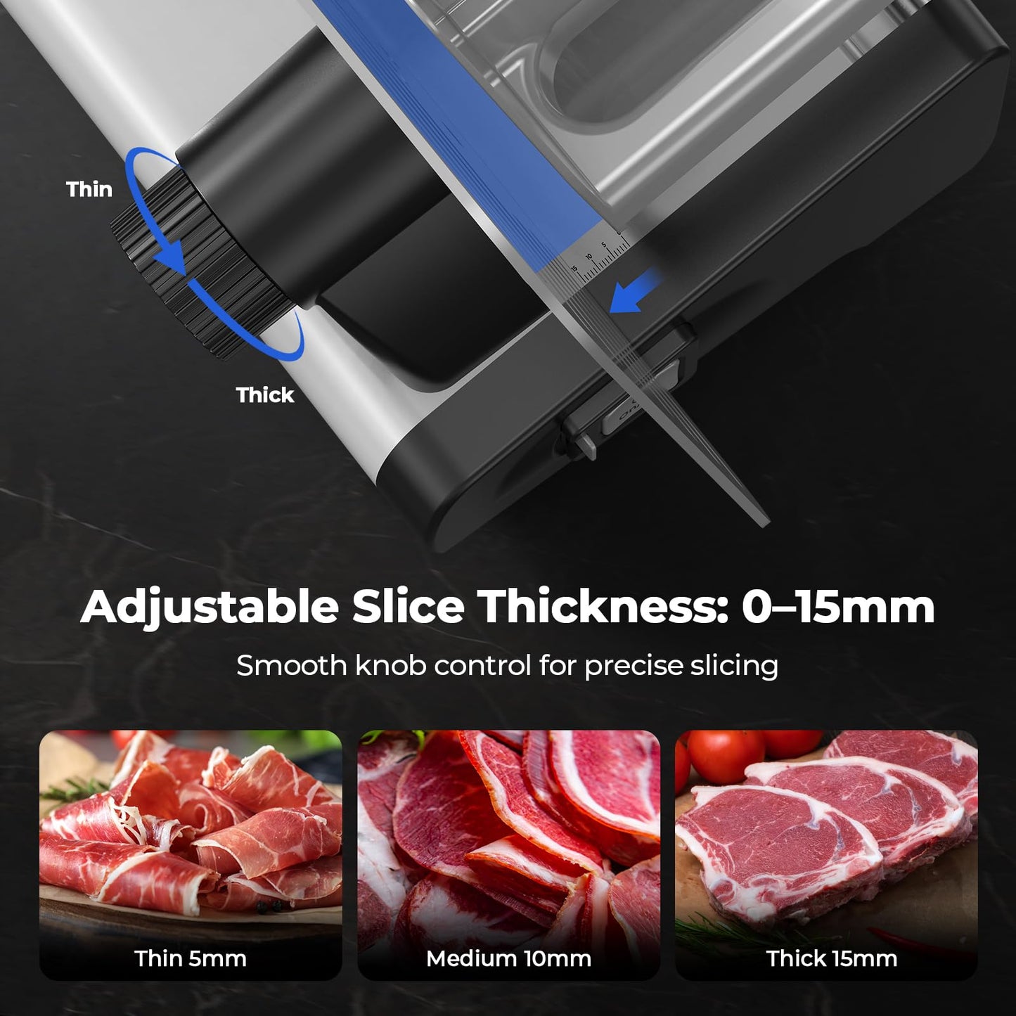 OSTBA Electric Meat Slicer with 200W DC Motor, 2 Removable 8.7” Stainless Steel Blades, Adjustable Thickness 0–15mm, Food Tray & Hand Grip, Deli Food Slicer for Meat, Cheese, Bread, Vegetables
