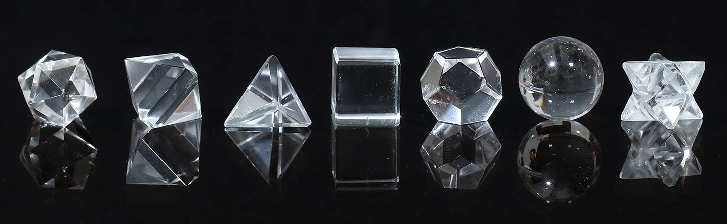 Crocon Clear Quartz 7 Pcs Platonic Solid Sacred Stones Geometry Set for Reiki Healing Chakra Stone Balancing Crystal Cleansing Spiritual Money Good Luck Decor Size: 15-20 mm