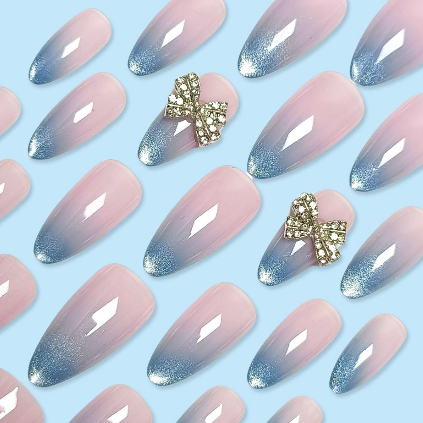 Medium Press On Nails Almond Fake Nails Gradient Glitter With Bow Charms Design Nude False Nails Acrylic Full Cover Glue On Nail Reusable Stick On Nail For Women DIY Manicure Decoration 24pcs