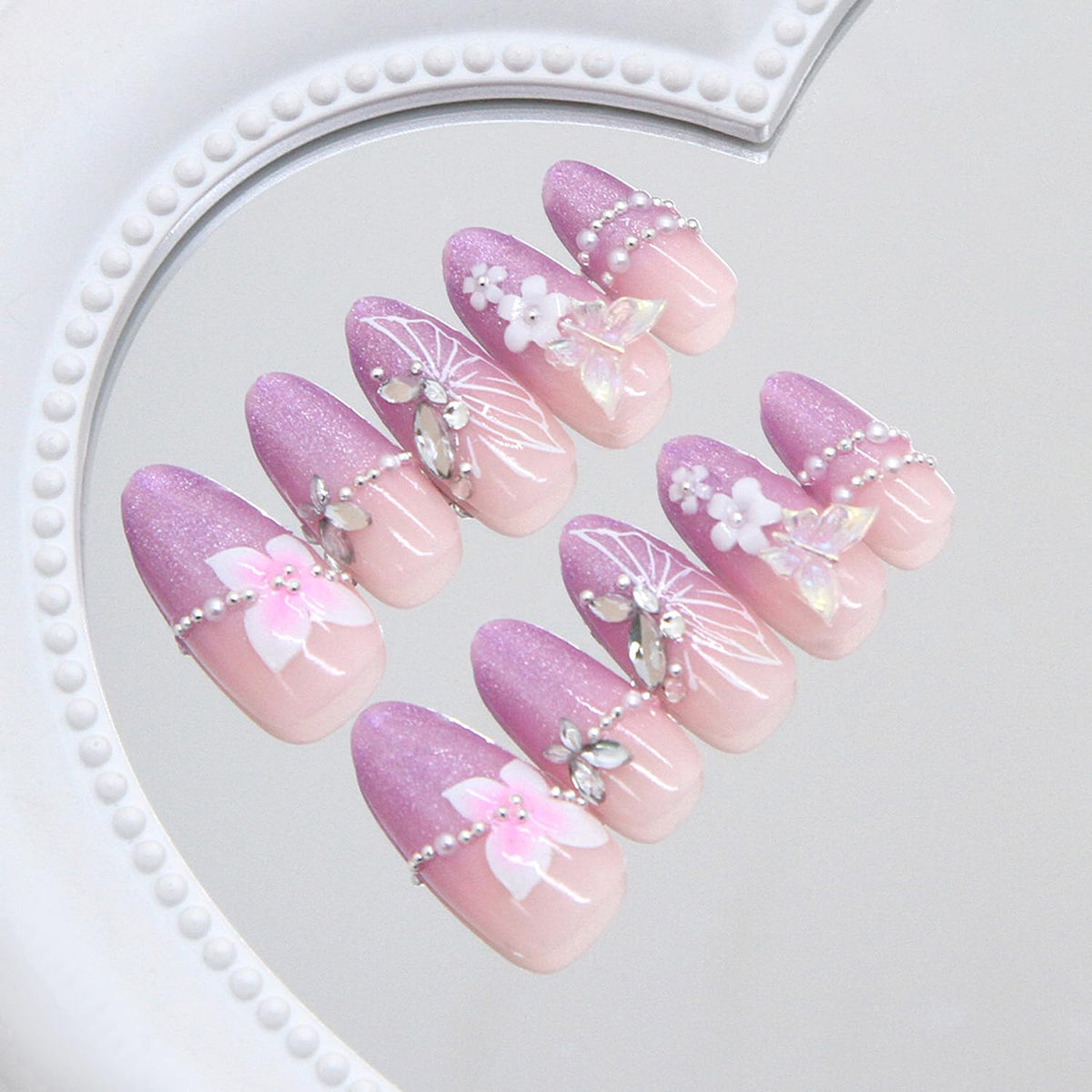 30Pcs Purple Ombre Press on Nails Medium Almond Fake Nails Press ons 3D Butterfly Rhinestone Design Shimmer Magnetic False Nails Purple Glitter Full Cover Cute Butterfly Flower Acrylic Nails for Women