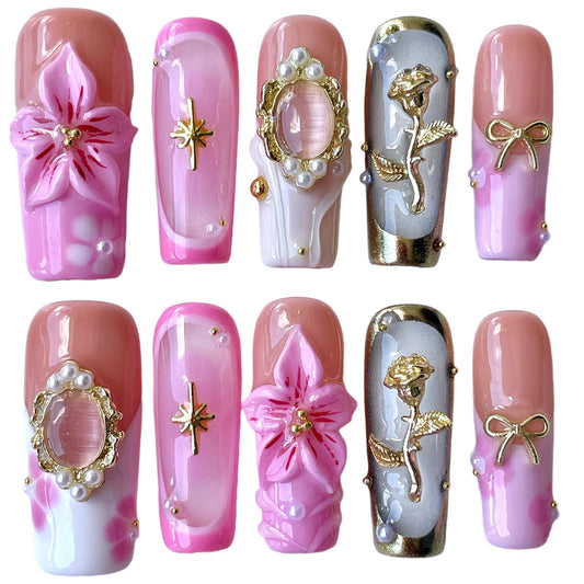 Handmade Press on Nails 3D Floral - Pink Nude Vintage Gold Rose & Pearl Design, Medium Long Square False Nails Reusable Acrylic Fake Nails (Mist Pink, M)